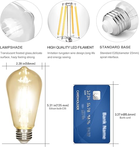 Miniatura 2 de Bombilla LED Edison de 4 W, bombilla Edison vintage de 40 W, bombilla E26 no regulable, 450 lúmenes, 2300 K, ámbar cálido, paquete de 12