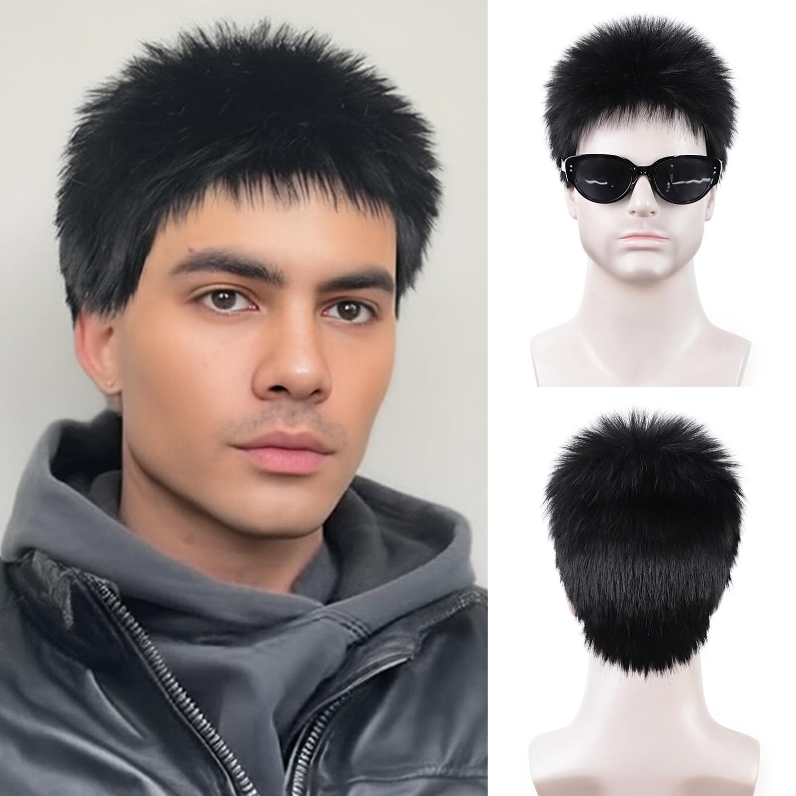 Mens Black Wigs Short Layered Black Hair Wig for Men Male Synthetic Buzz Cut Halloween Cosplay Costume Wigs