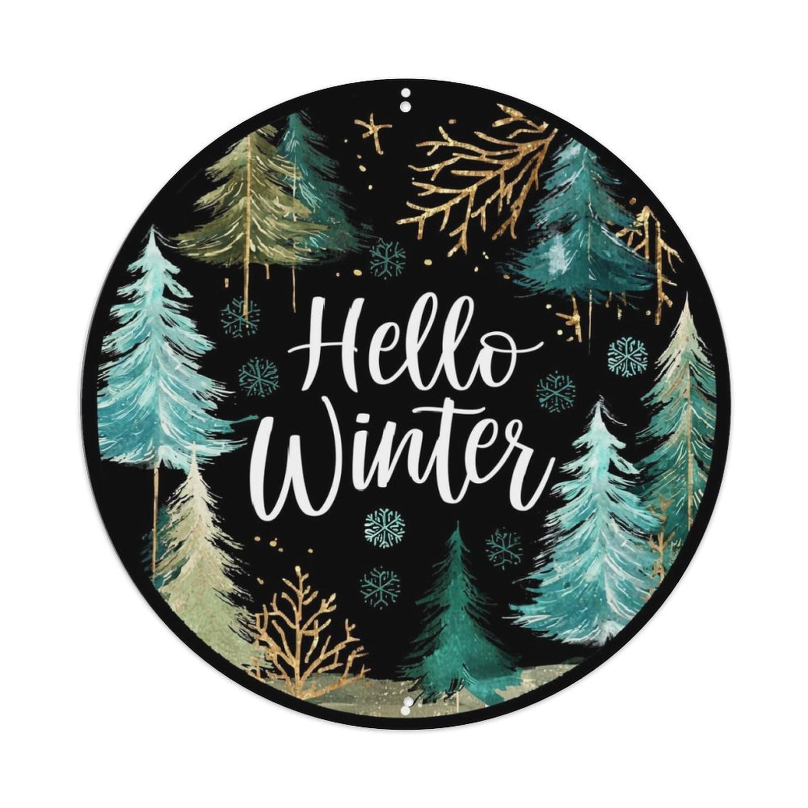 Winter Trees Snowflakes Gold Branches Vintage Round Tin Sign Retro Metal Wall Decor Metal Poster, Home Bar Garage Cafe Wall Art Decoration 8x8Inches