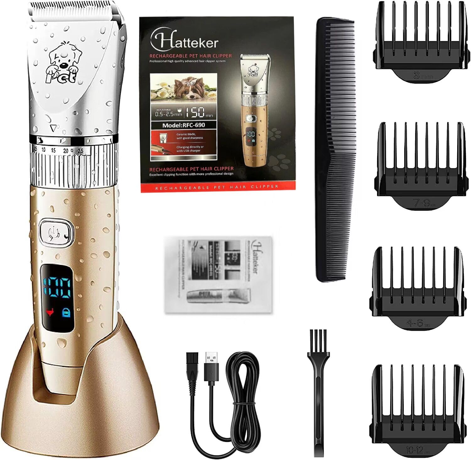 Hatteker Clipper Dog Hair Clipper Cat Pet Long Hair Professional Dog Clipper Pet Hair Trimmer Battery Electric Wireless Quiet Rechargeable