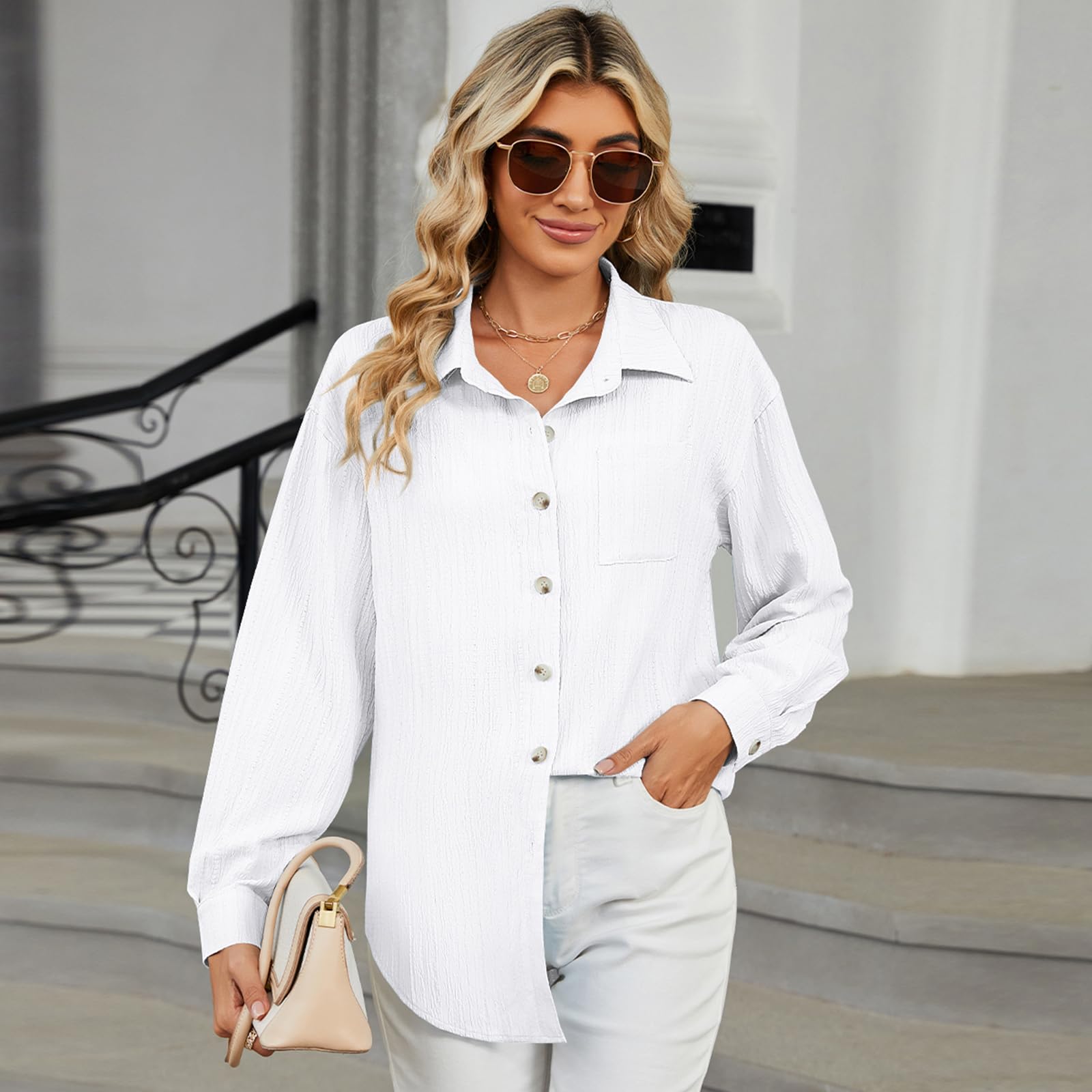 TMEOG Camicia Donna Manica Lunga Camicette Elegante Blusa con Bottoni Camicia Scollo a V Giacca Camicia Lunga a Tinta Unita Camicia Ampia per Donna