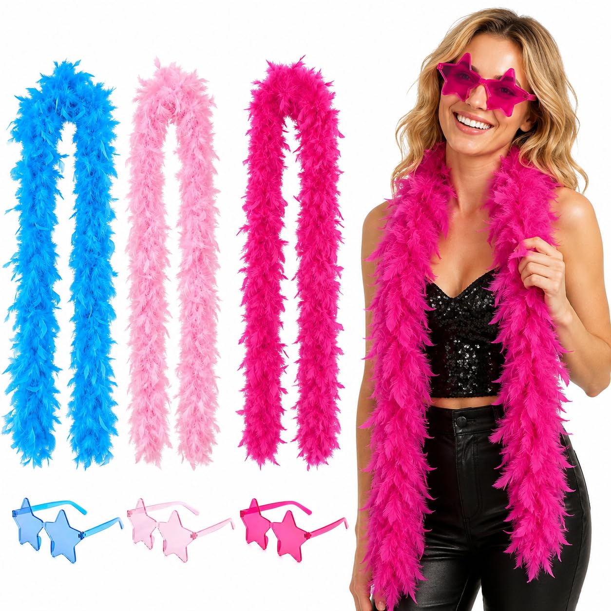 3PCS Feather Boa Set, with 3 Glasses
