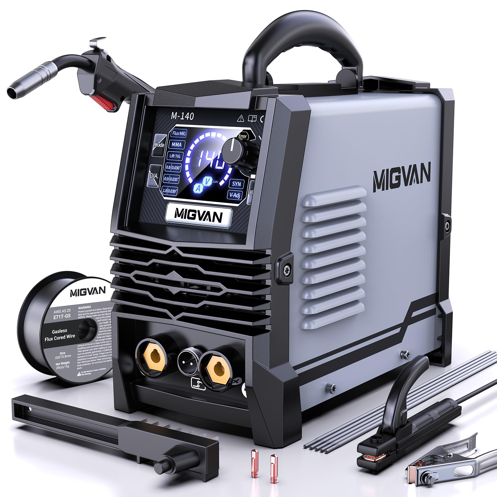 140A MIG Welder, MIGVAN 110V Flux Core MIG/Stick/Lift TIG 3 in 1 Welding Machine with Large LED Digital Display, IGBT Inverter Portable Gasless Welder with Welding Gun and Flux Core Wire