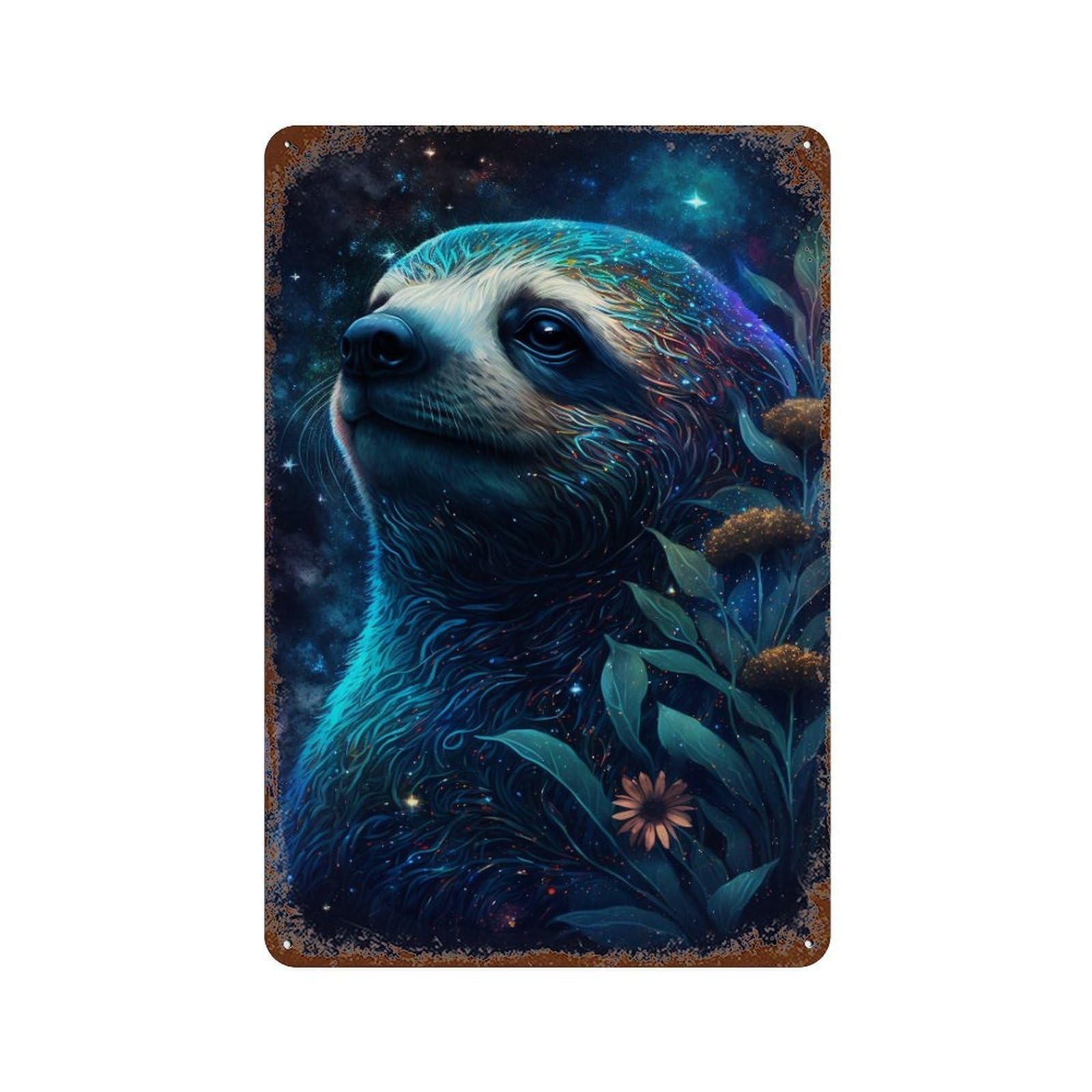 Galactic Sloth with Flowers -6 Vintage Rust Metal Sign 11.8"x7.9", Shabby Chic Decor for Living Room, Hallway And Home Decor