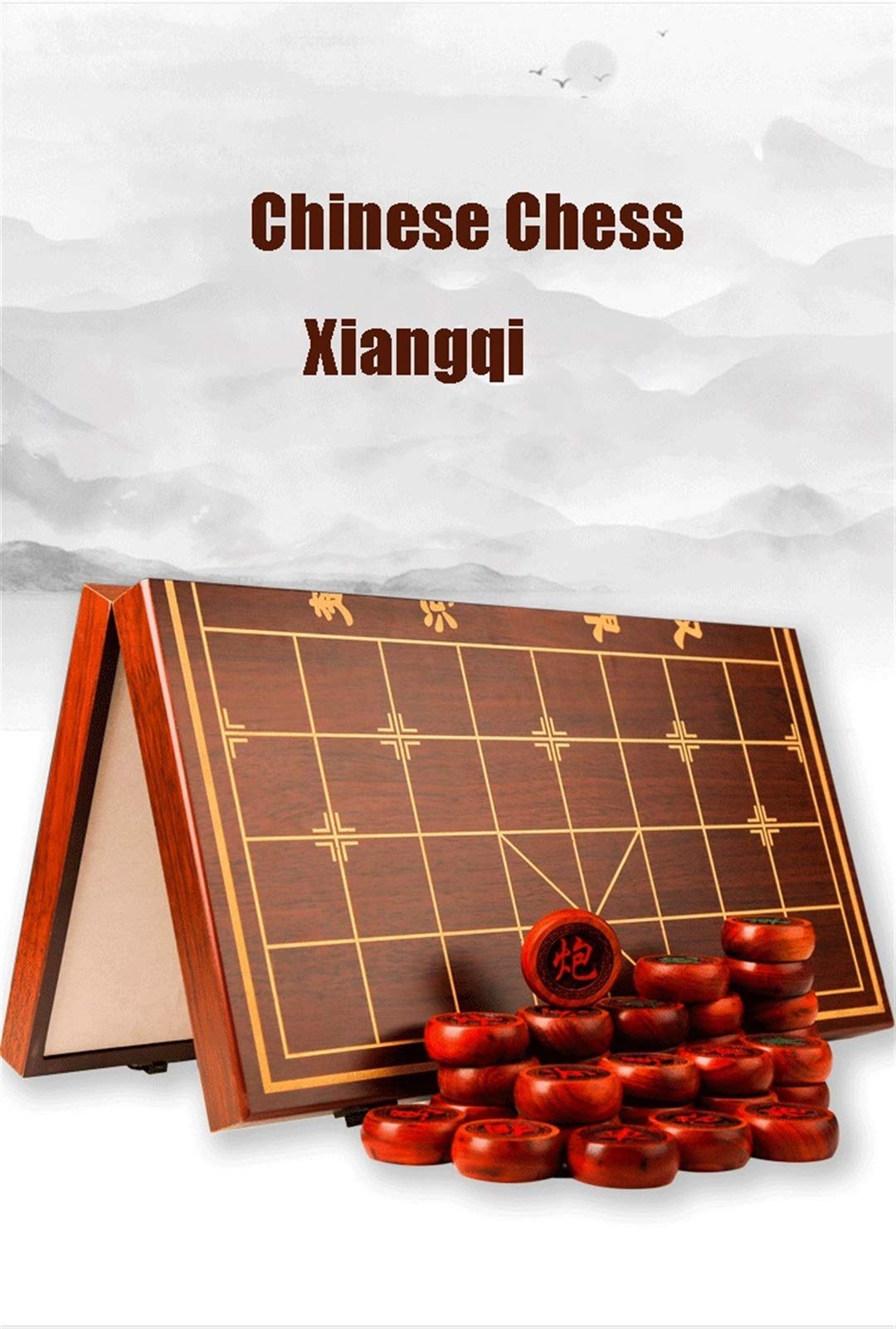 Chinesisches Schach mit klappbarem Schachbrett, chinesisches Xiangqi, tragbare Reisespielsets, Lasergravur und Schachbrett und Figuren mit Golddurchzeichnung(Ebony,S)