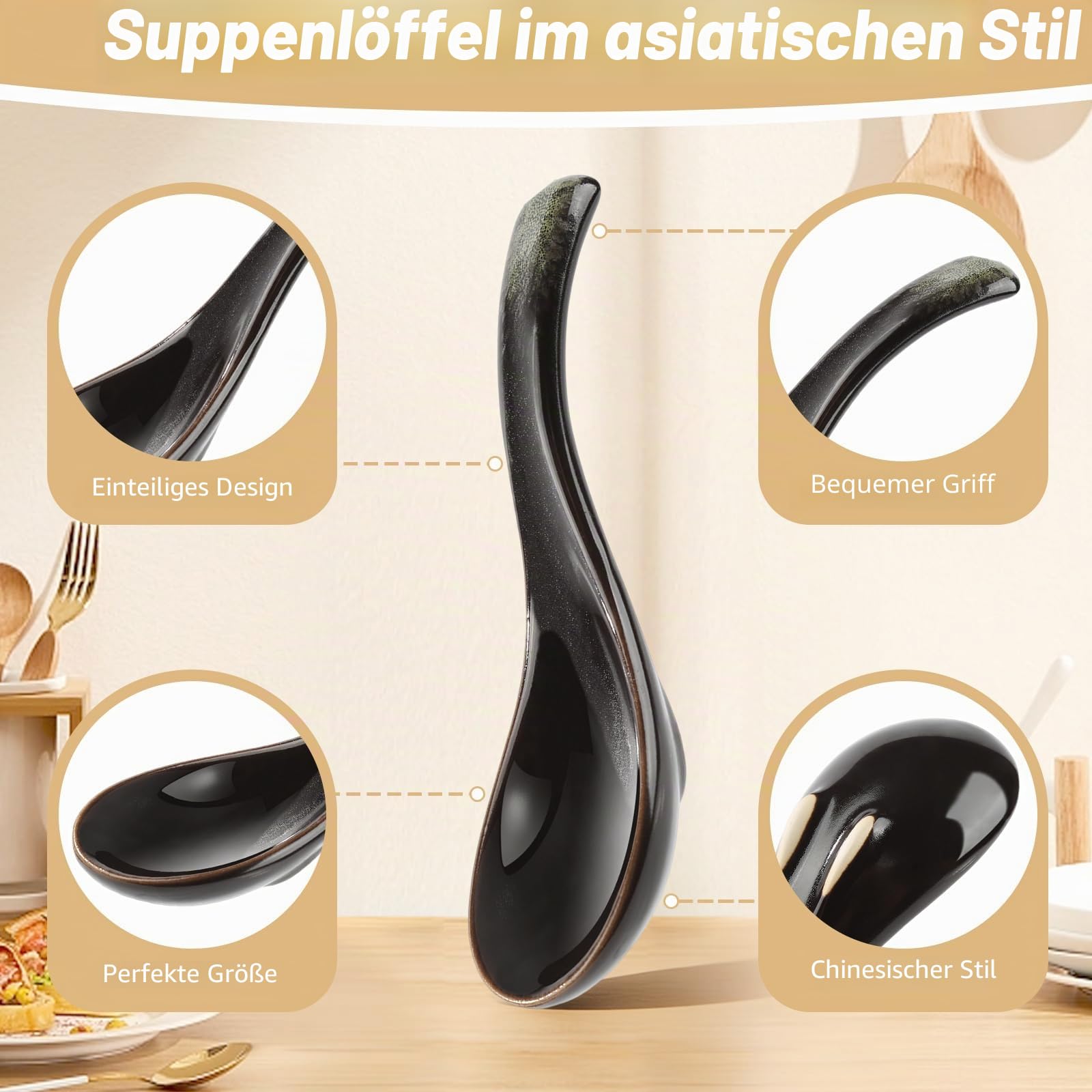 5 Stück Asiatische Suppenlöffel Set,Japanische Art-Blaue Keramik Suppenlöffel,Retro Ramen-Löffel im,Chinesischer Löffel für Suppen,Knödel und Getreide Eintöpfe,Ideal für den Haushalt und das Esszimmer