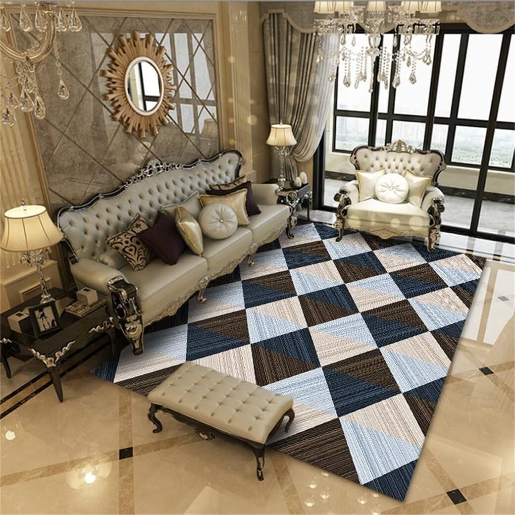 Grand tapis de salon bleu 250x300 cm moderne et géométrique pour grande chambre