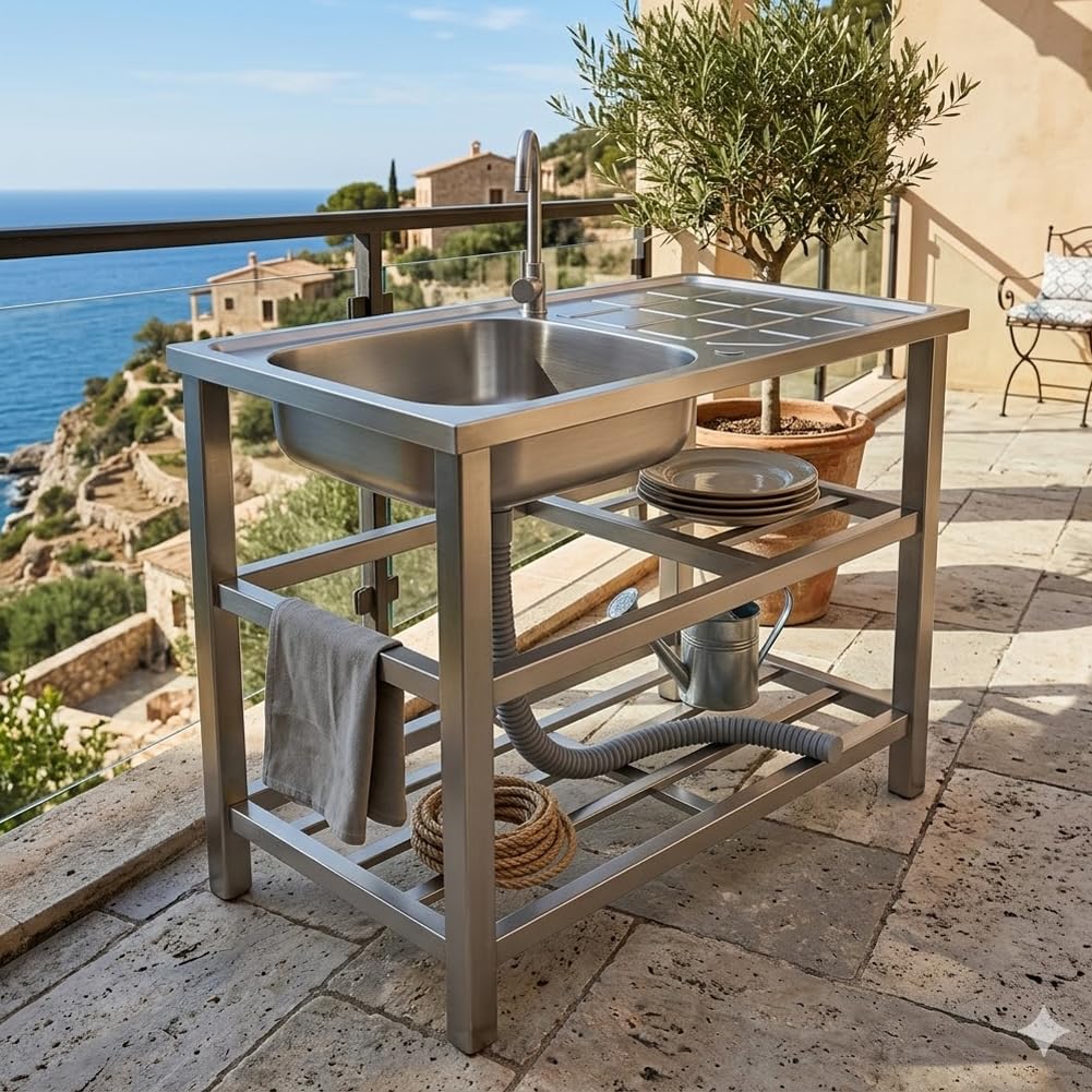 BAKAJI Lavello in Acciaio Inox con Rubinetteria Completa e Kit Sifone Ideale per Esterno, Patio, Giardino, Cucina in Balcone e Veranda, Lavandino con Ripiani Portaoggetti e Accessori, 75 x 40 x 80 cm