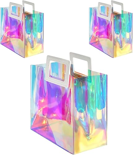 VUOJUR 3 bolsas de regalo holográficas de tamaño mediano de 11 x 9.8 x 5.1 pulgadas, transparentes, reutilizables, bolsas de regalo de cumpleaños