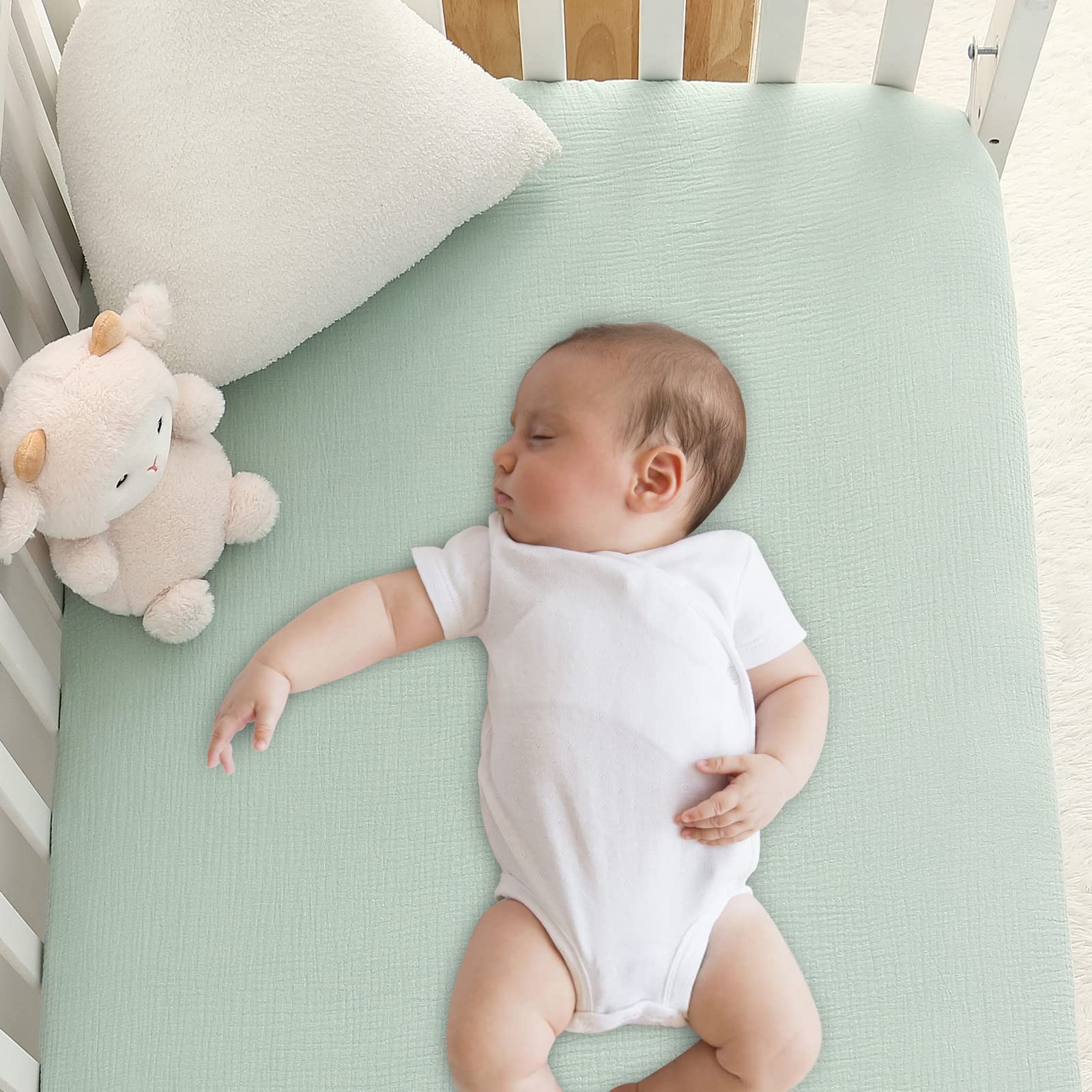 Muslin Crib Sheets, 100% Cotton Soft Breathable Fitted Toddler Bed Sheet, 28”x 52”x 9” Standard Size Baby Mattress Cover for Girls &amp; Boys, Green