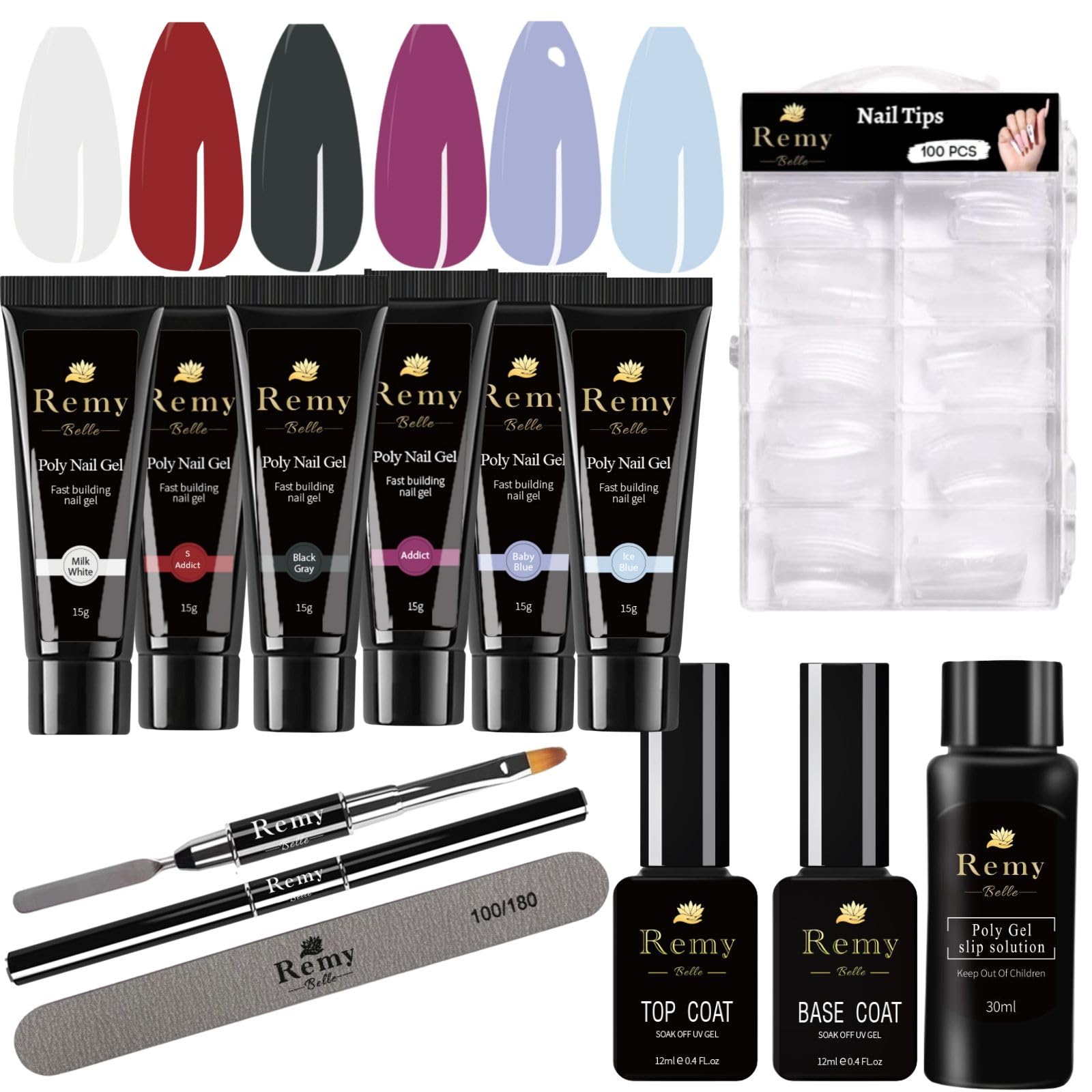 Remy BellePoly Nail Gel Acrylic Kit - 6 Colors with Slip Solution top base coat All One Kit for Nail Manicure DIY at Home (Red & Blue)