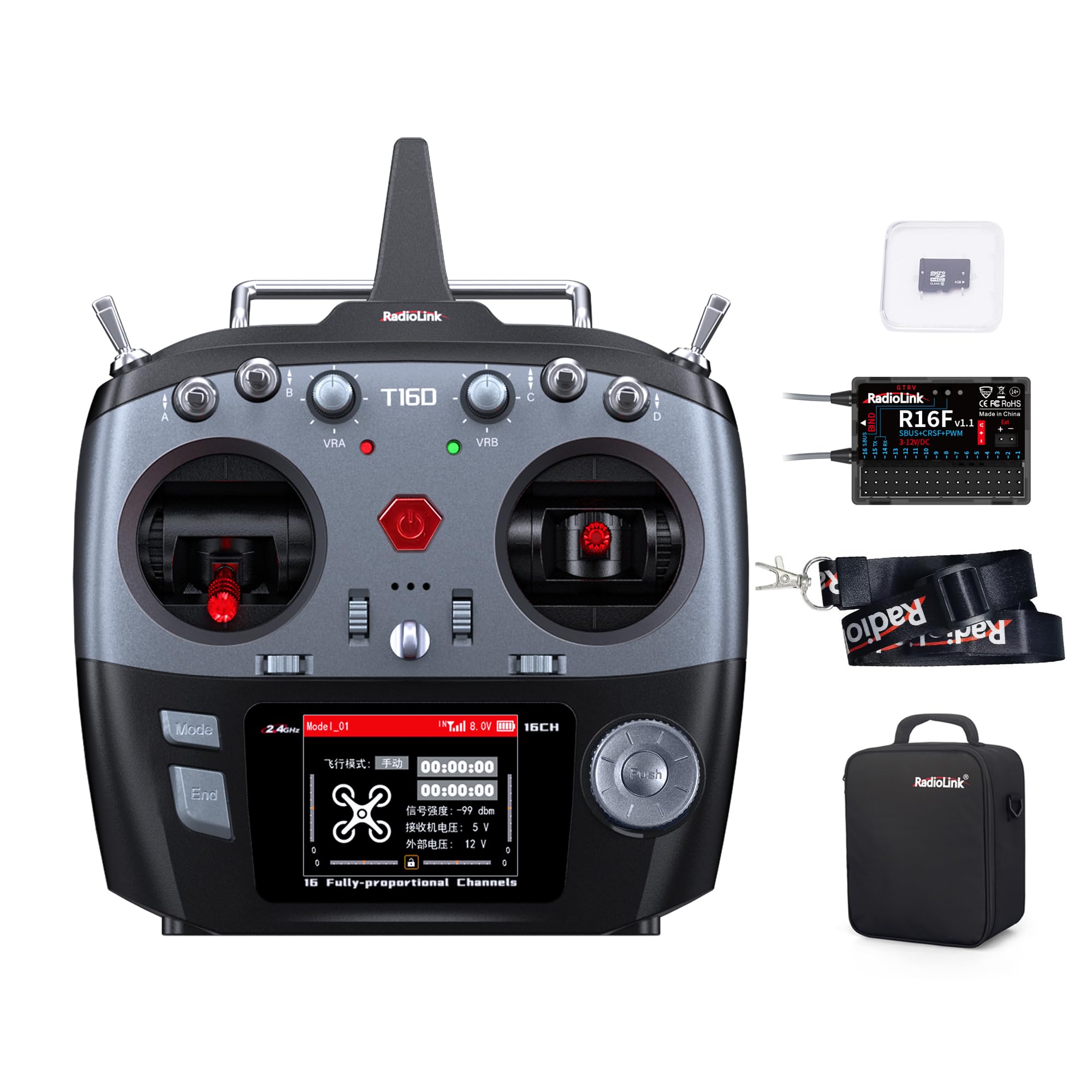 Radiolink T16D 16 Channels RC Transmitter and R16F Telemetry Receiver, Multi-Protocol and Voice Broadcast Support, RC Radio Remote Control for Drone, Plane, Car, Boat and More (Mode 2 Left Throttl