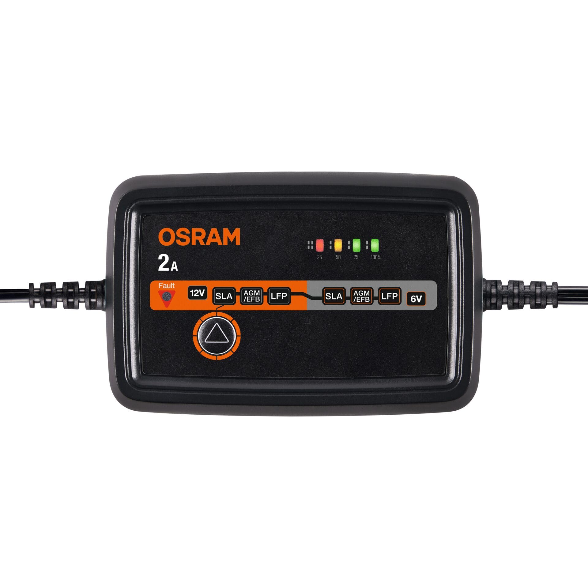 OSRAM BATTERYcharge 1002, 6 V/12 V, inteligentna ładowarka 2 A, do motocykli i mniejszych pojazdów, do akumulatorów AGM, EFB, kwasowo-ołowiowych i litowych, z trybem podtrzymującym