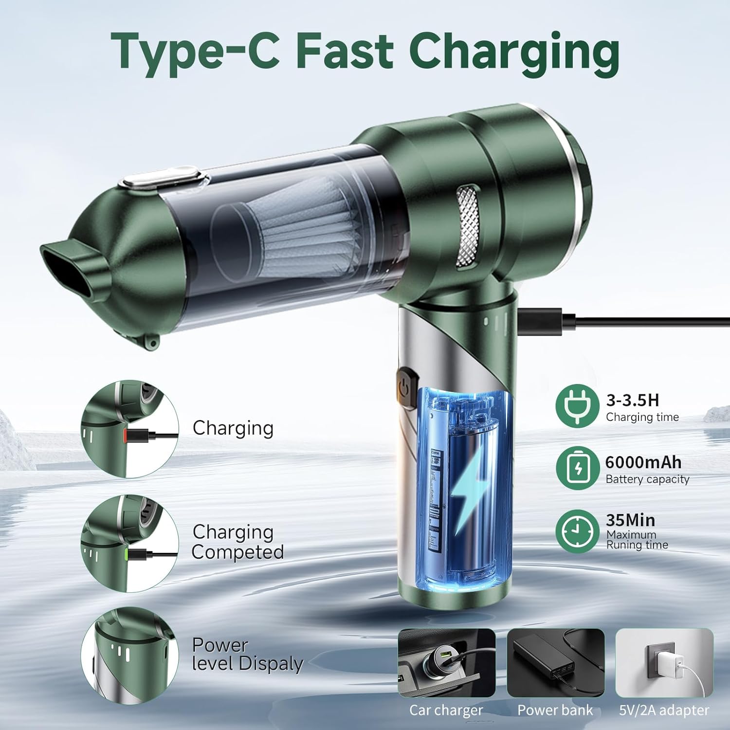 Car Vacuum Portable Cordless 22000PA High Power Handheld Mini Vacuum Cleaner Rechargeable Foldable with Brushless Motor Air Blower Duster Pump for Car Home Office Pet (Green) - Image 6