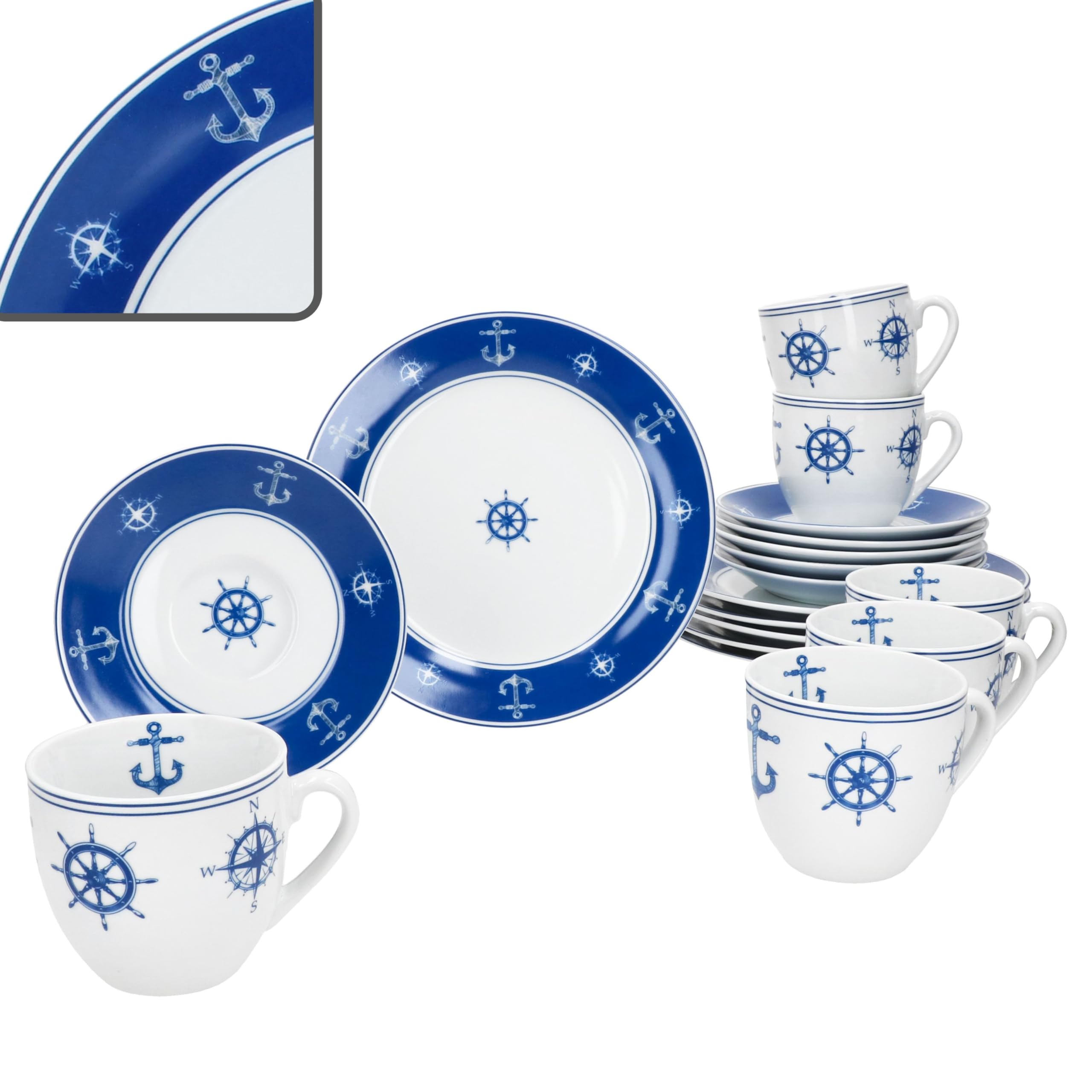 MamboCat AHOI 18tlg Kaffeeservice I blau-weißes Porzellan-Geschirr mit nautischen Motiven Anker & Co für 6 Personen I Je 6X Tassen 200ml, Untertassen & Teller für Frühstück & Kaffee