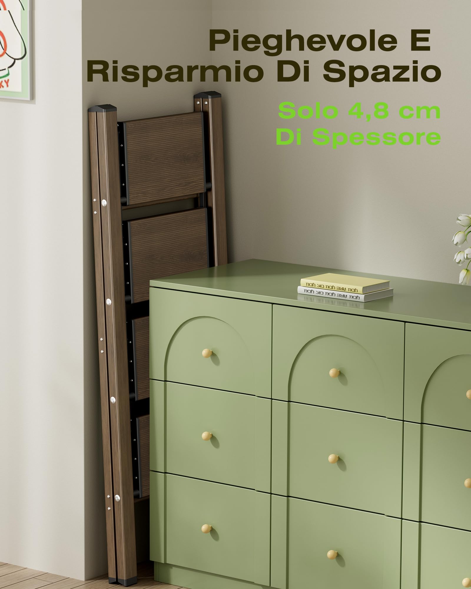 Scaletta pieghevole a 4 livelli, capacità 150 kg, con pedale antiscivolo, sgabello portatile in alluminio, facile da riporre, per interni ed esterni, aspetto estetico, effetto noce