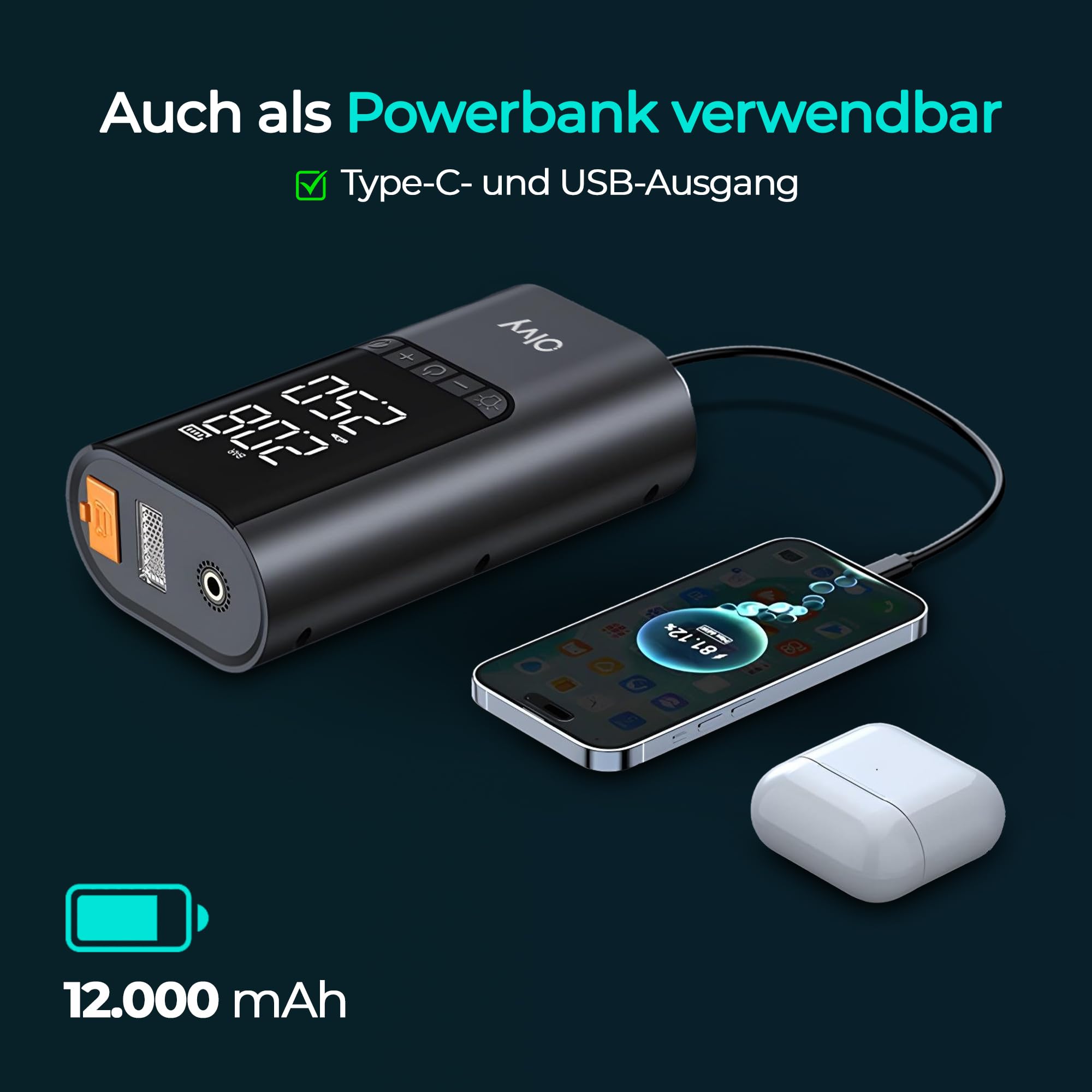 Olvy 4-in-1 Portable Car Jump Starter with Air Compressor, 1500A Peak, 12000mAh Power Bank, Smart Protection, LED Light, Digital Display, Compact Jump Starter for 12V Petrol & Diesel Vehicles