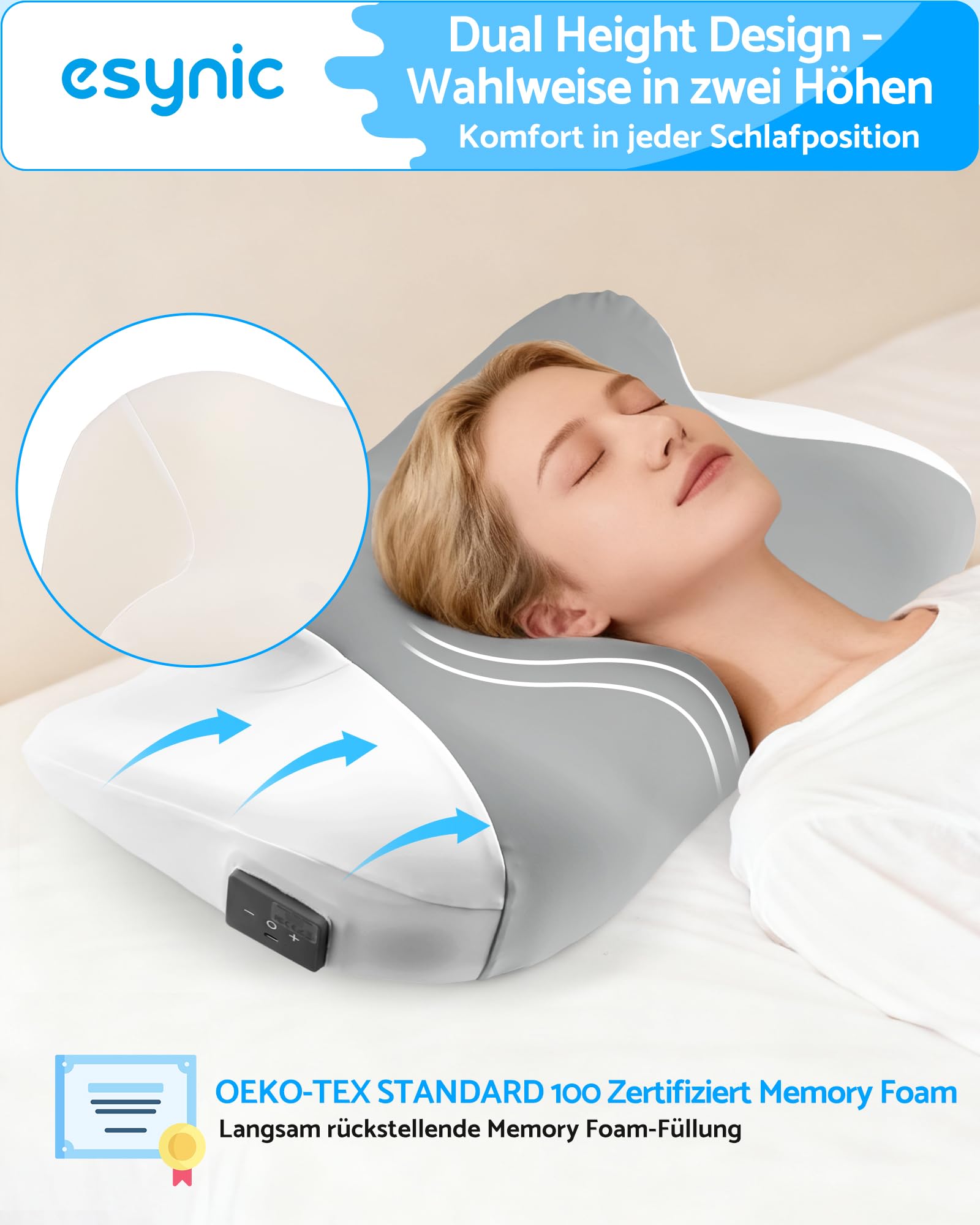 eSynic Memory Foam Kissen Antischnarchkissen App-gesteuert Abnehmbarer waschbarer Bezug Weiß
