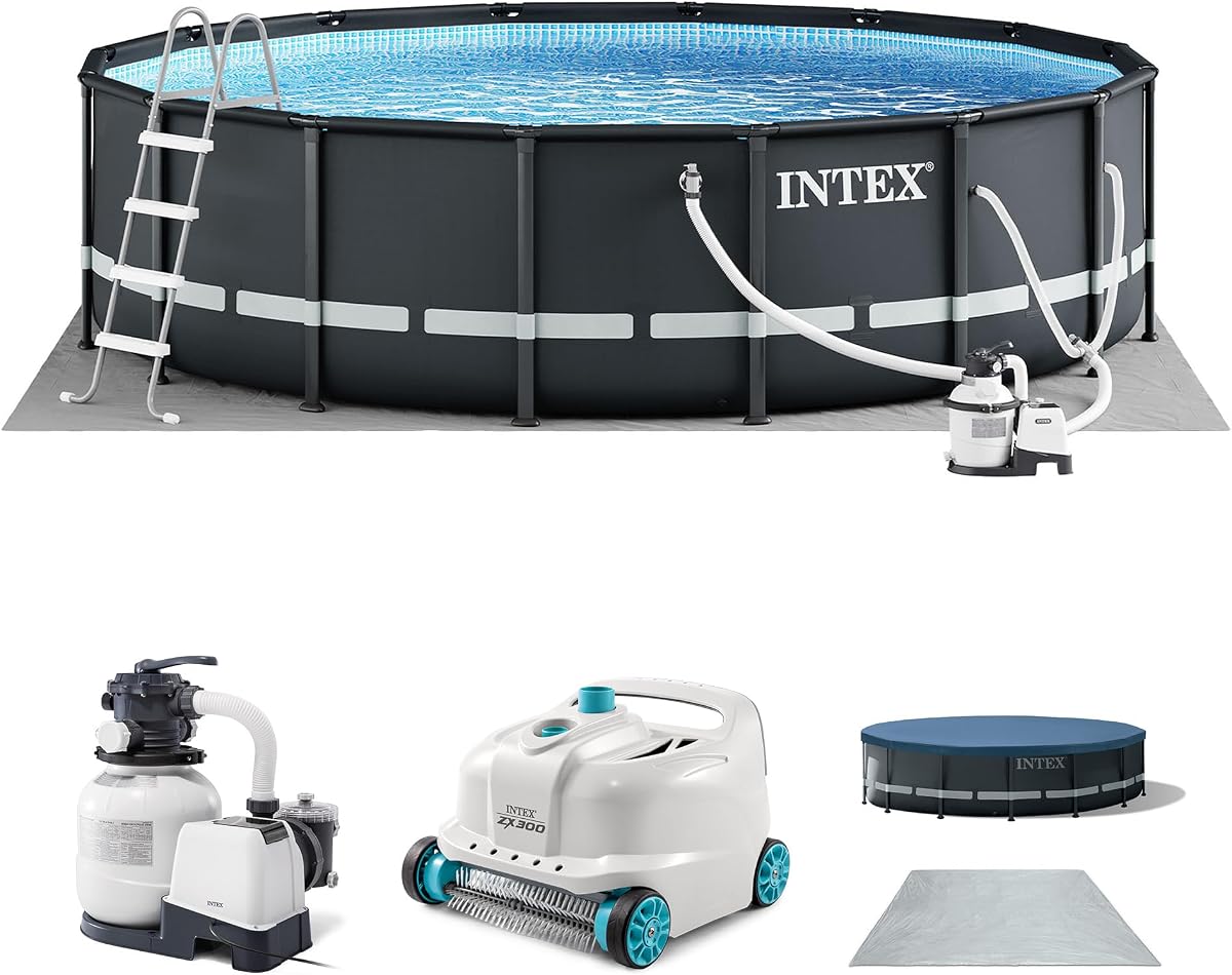 Intex Ultra XTR 16ft x 48in Above Ground Swimming Pool Set Bundle | 26325EH - 1500 GPH Sand Filter Pump, Ladder, Pool Cover & Ground Cloth with Deluxe Automatic Vacuum Cleaner Included