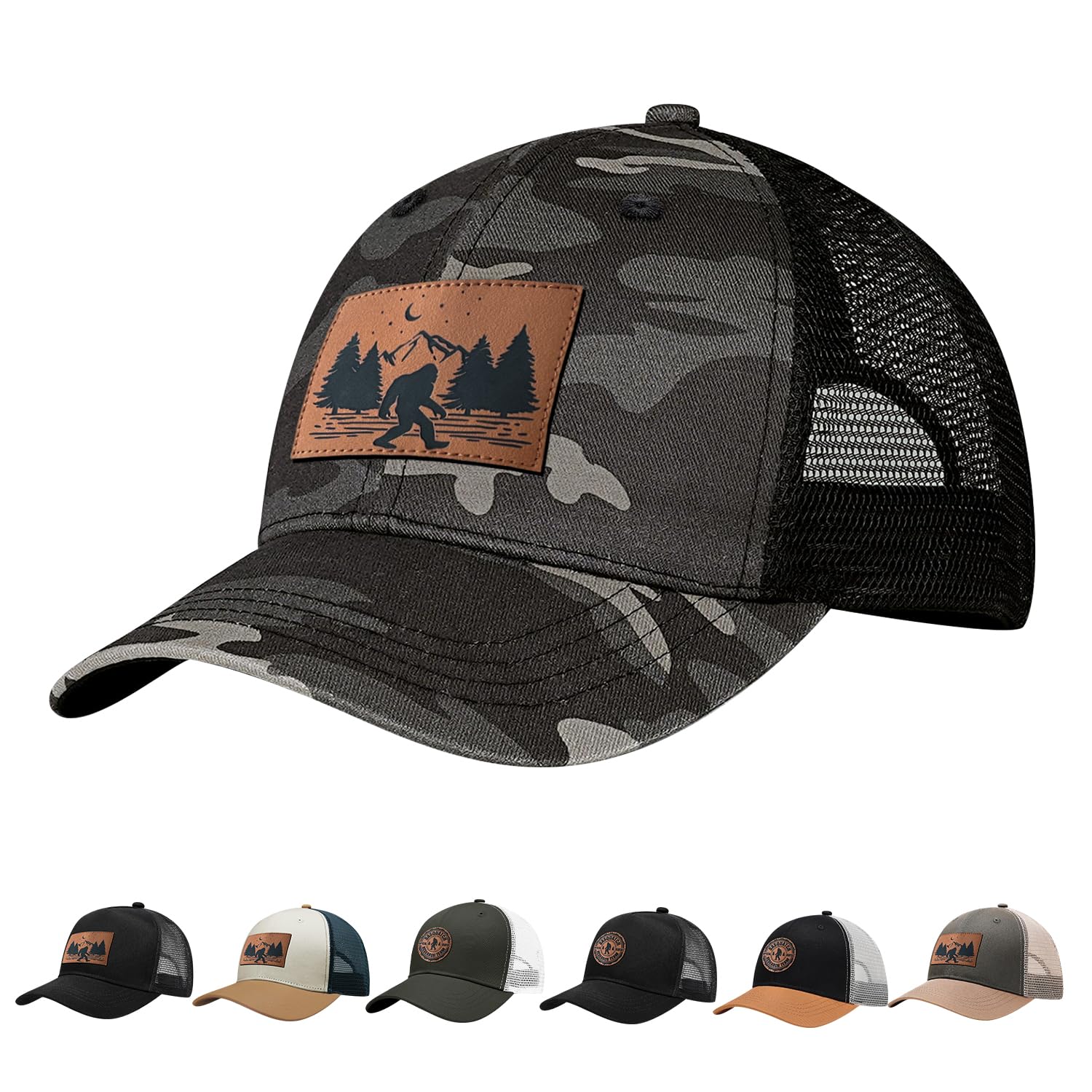 Llztwowd Men's Camo Bigfoot Hat With Leather Sasquatch Baseball Cap For Boy Gifts For Dad Hats Sports Trucker Caps, One Size