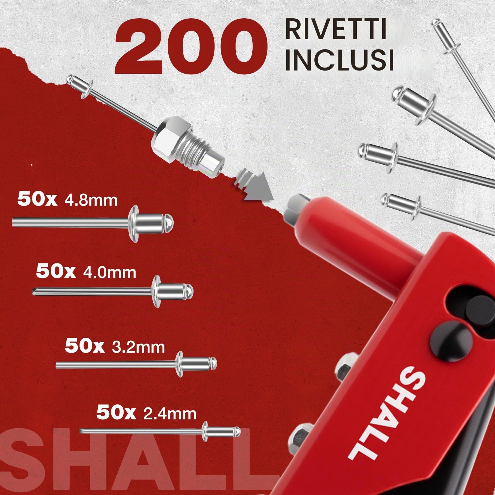 SHALL Set Rivettatrice Manuale 4 in 1 200 Rivetti 4 Misure 2,4-4,8 mm