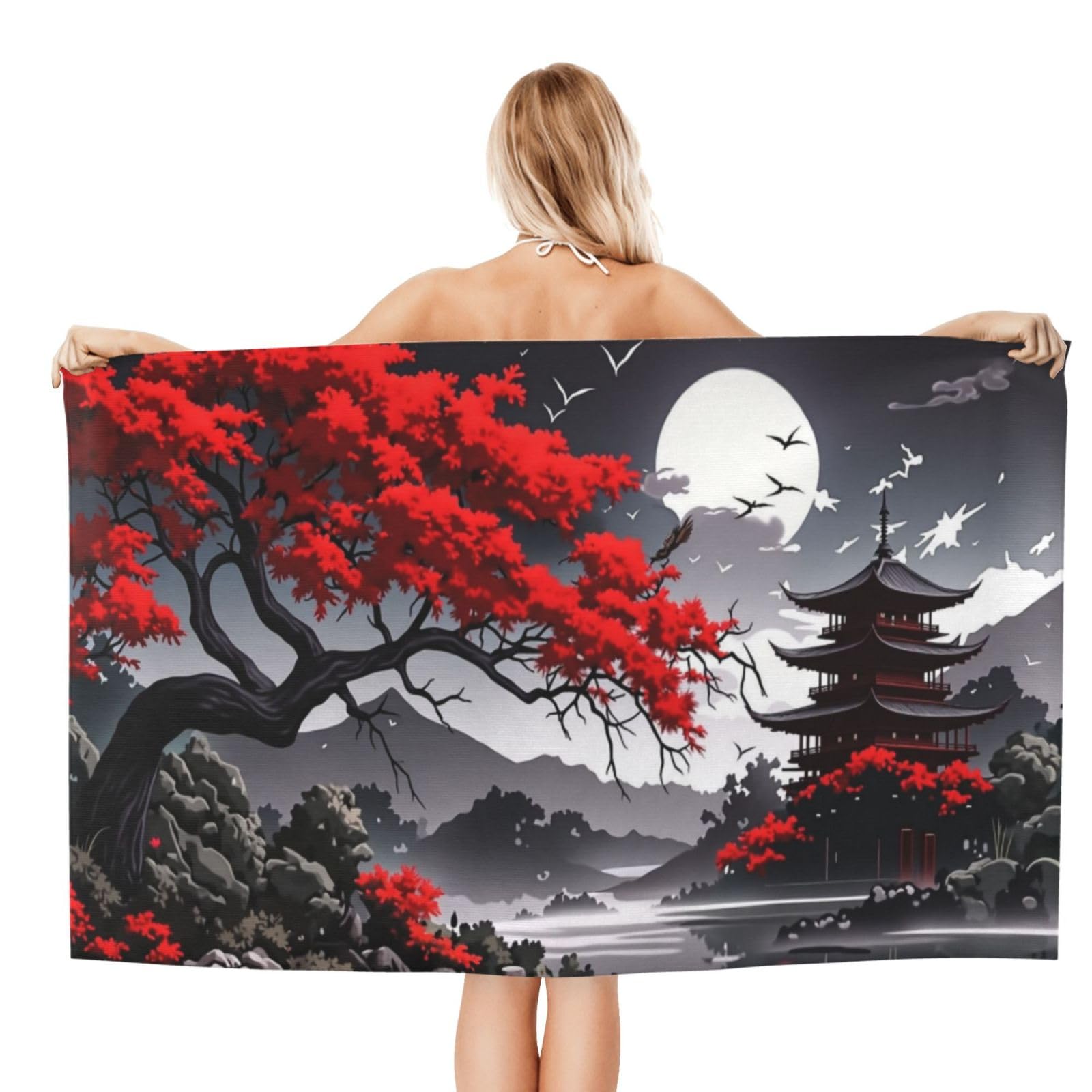 Anceky Beach Towel for Women, Oriental Moonlight Pagoda Sand-Free Microfiber Ultra Soft Lightweight Bath Towels for Outdoor Bathroom Swimming 32"X52"