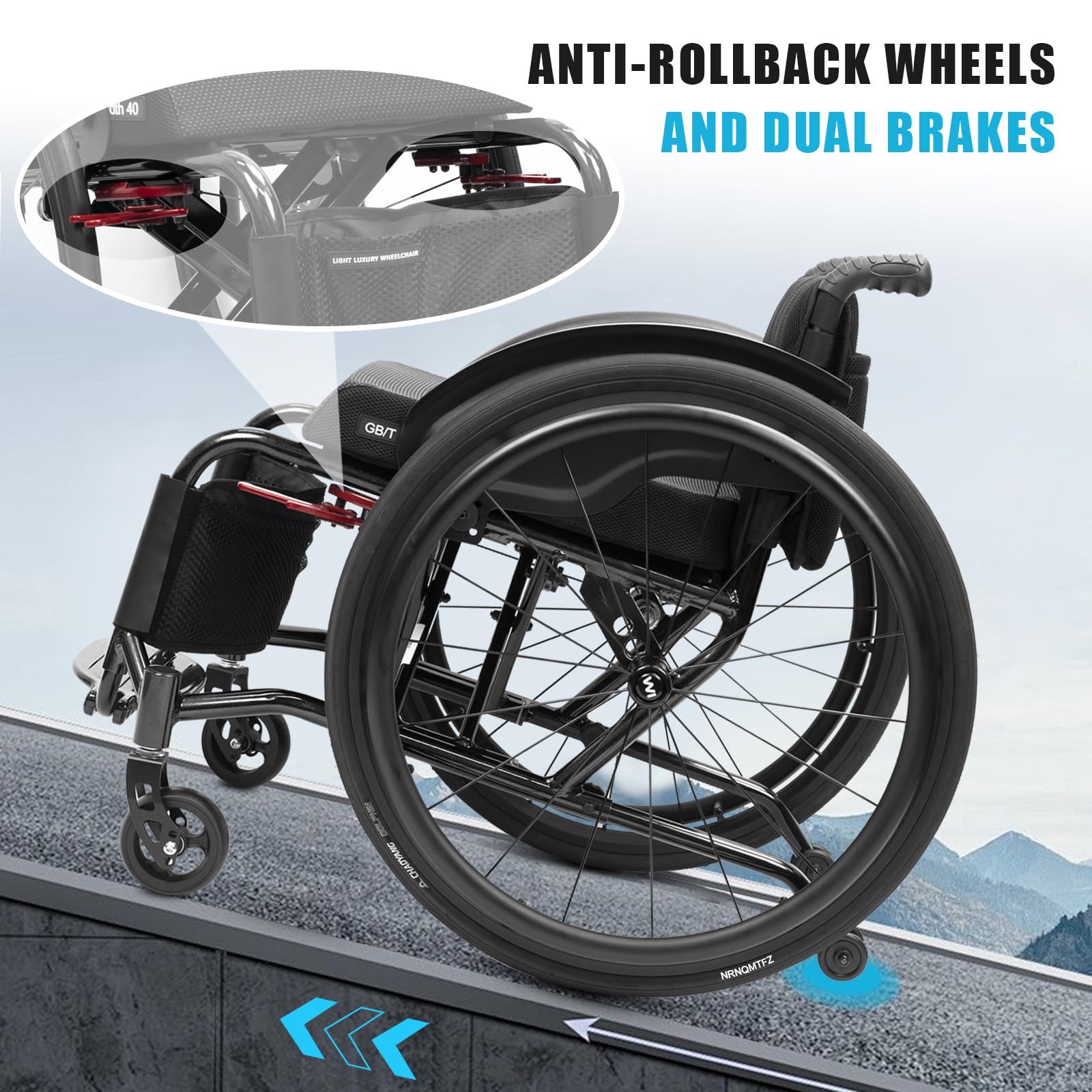Silla de Ruedas plegable Ultra-ligera de aluminio con freno,Silla De Ruedas Deportiva, Ruedas extracción con un botón,Silla de Ruedas Autopropulsable para Adultos(Seat width 42cm/16.5in,B)
