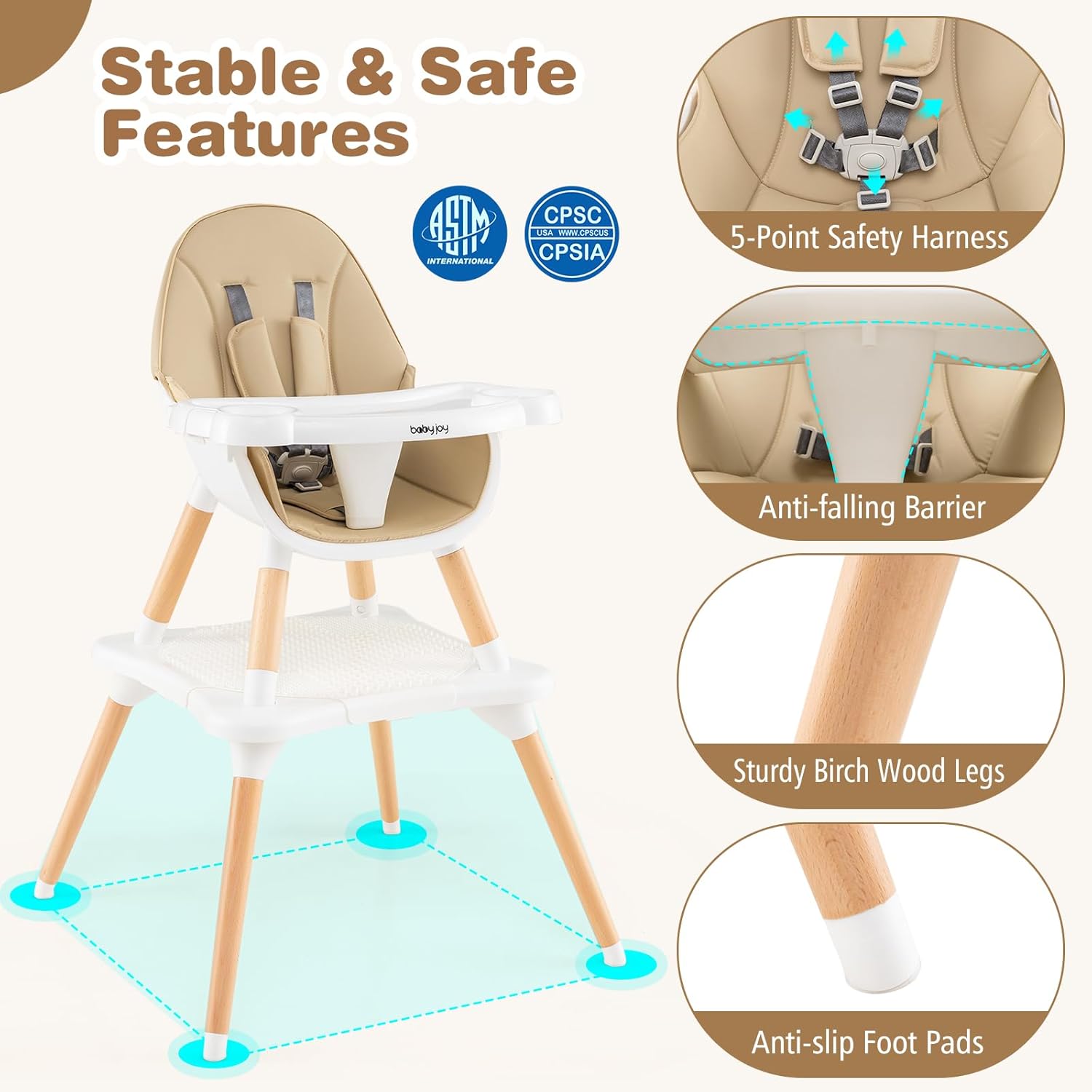 BABY JOY 6 in 1 Convertible High Chair for Babies, Khaki