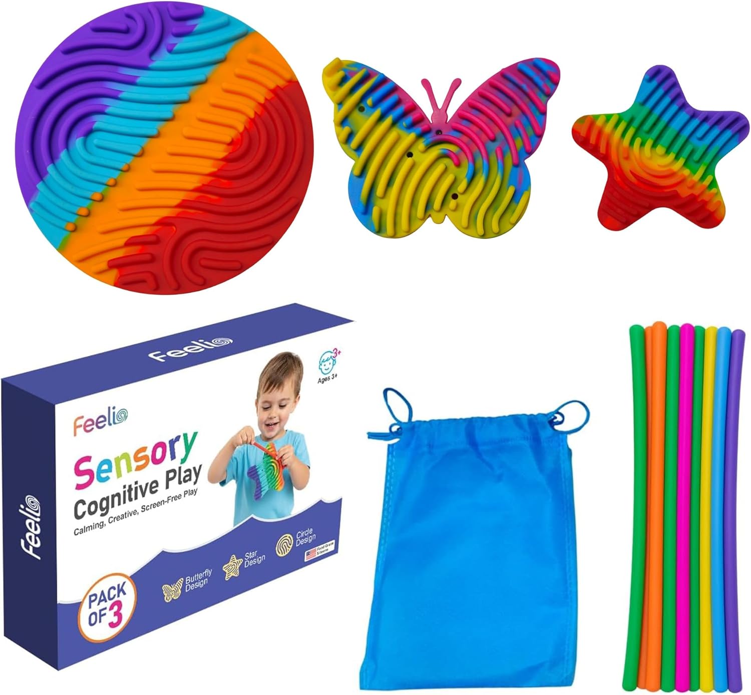 Feelio Sensory Activity Fidget Toy Pack of 3 | Silicone Busy Board for Kids and Adults | Stress Relief and Cognitive Play | Multi-Color Autism Sensory Board with 36 Strings and Travel Bag
