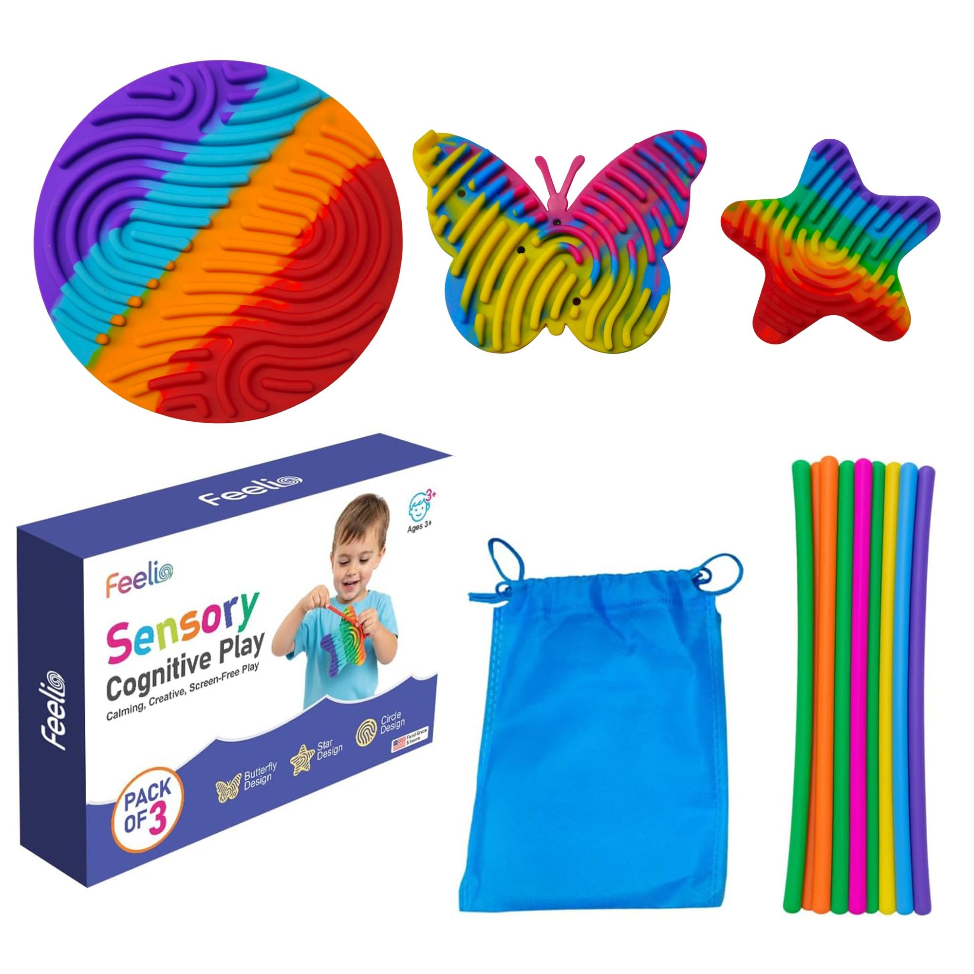 Feelio Sensory Activity Fidget Toy Pack of 3 | Silicone Busy Board for Kids and Adults | Stress Relief and Cognitive Play | Multi-Color Autism Sensory
