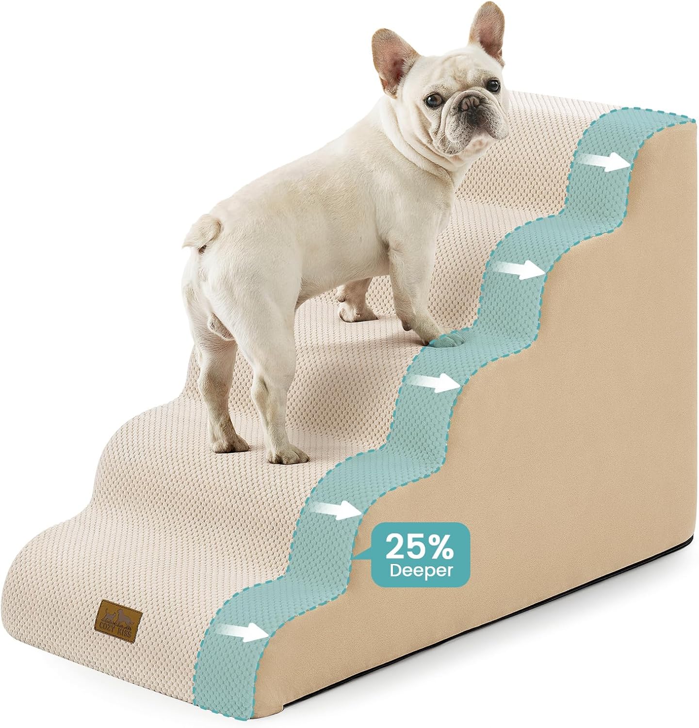 Extra Wide Dog Stairs 19.7" Width, Pet Step for Small Medium/Large Dog, Puppy or Cat, Pet Ramp for High Bed or Car, High Density Foam Ladder, Stable, 5 Step, 19.7x33x22.4 in, Beige Beige 5 19.7x33x22.4in
