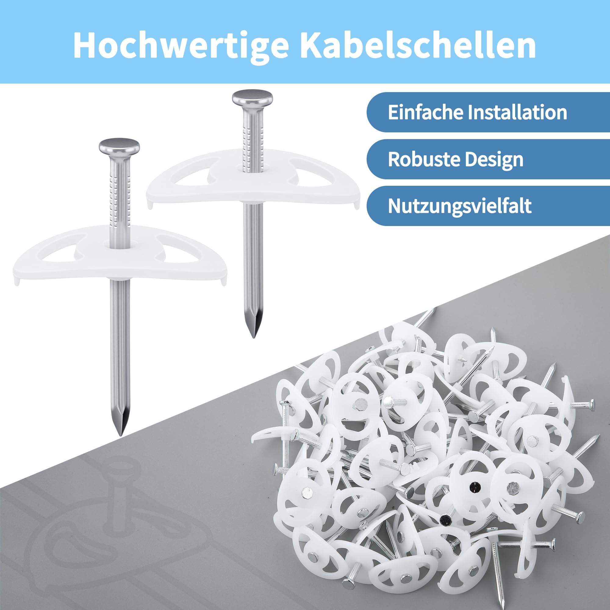 Enhon Set di 300 Rondelle per Chiodi con Chiodi di Montaggio – 150 pezzi da 3,2 x 40 mm e 150 pezzi da 3,5 x 50 mm, per il fissaggio di cavi nelle scanalature dei muri e su muratura