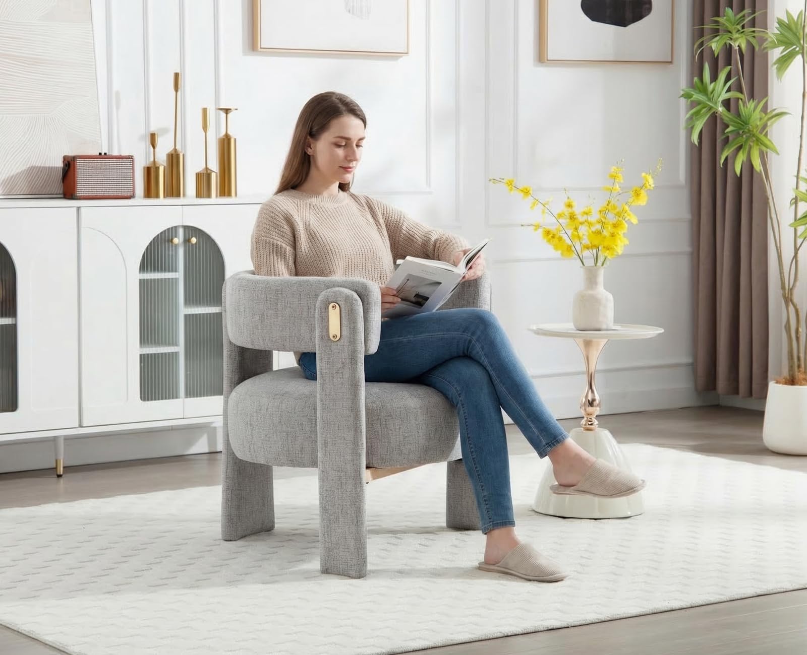 chairus Butaca Salón de Lino Sillón Dormitorio de Vestidor con Patas de Madera, Silla Lectura Habitación Moderna con Reposabrazos para Hogar/Sala de Estar, Gris