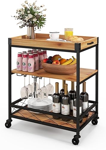 PETSITE Carrito de bar, carrito de servicio rodante de 3 niveles con bandeja extraíble y soporte de vidrio para el hogar, carritos de cocina sobre