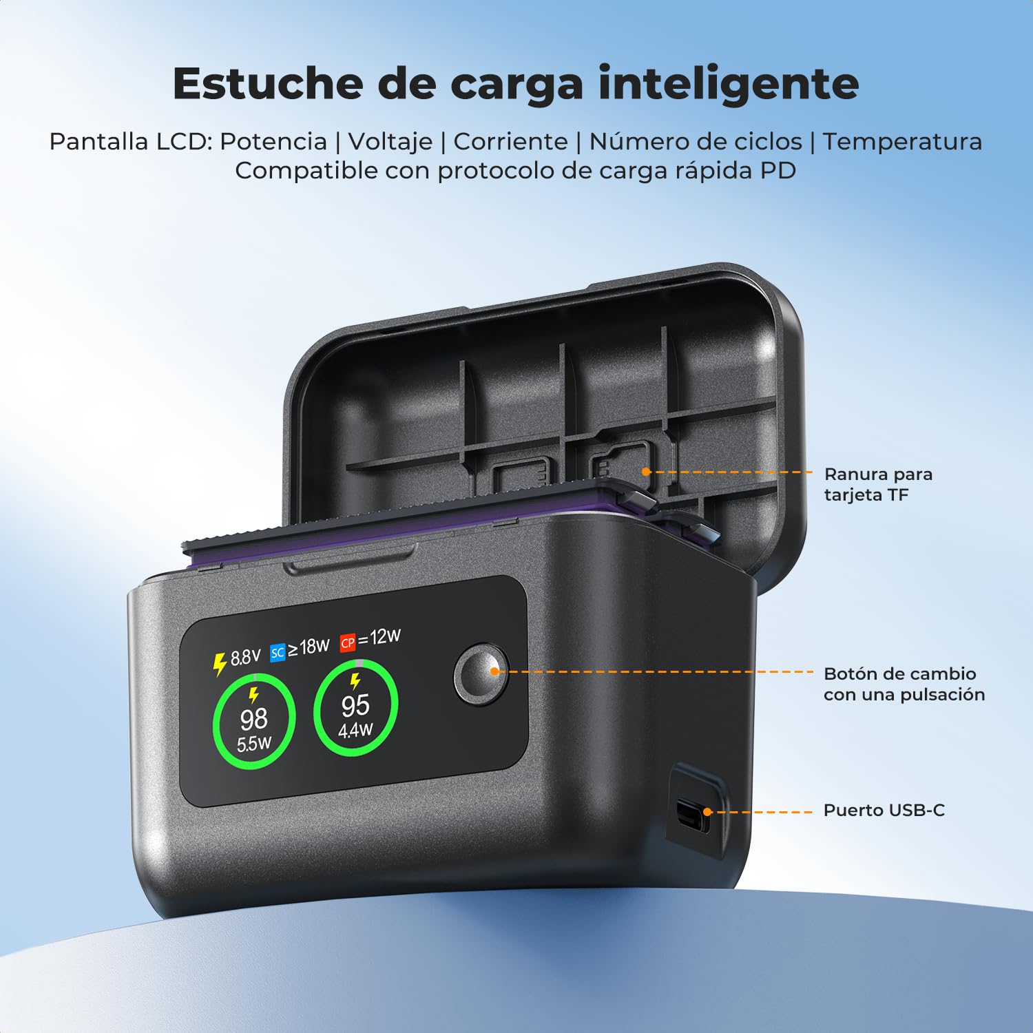 K&F CONCEPT Insta360 X5 Batería y Cargador Rápido de 20W, 2 Baterías 2700mAh y Estuche Cargador Inteligente con LCD, Compatible con Insta360 X5