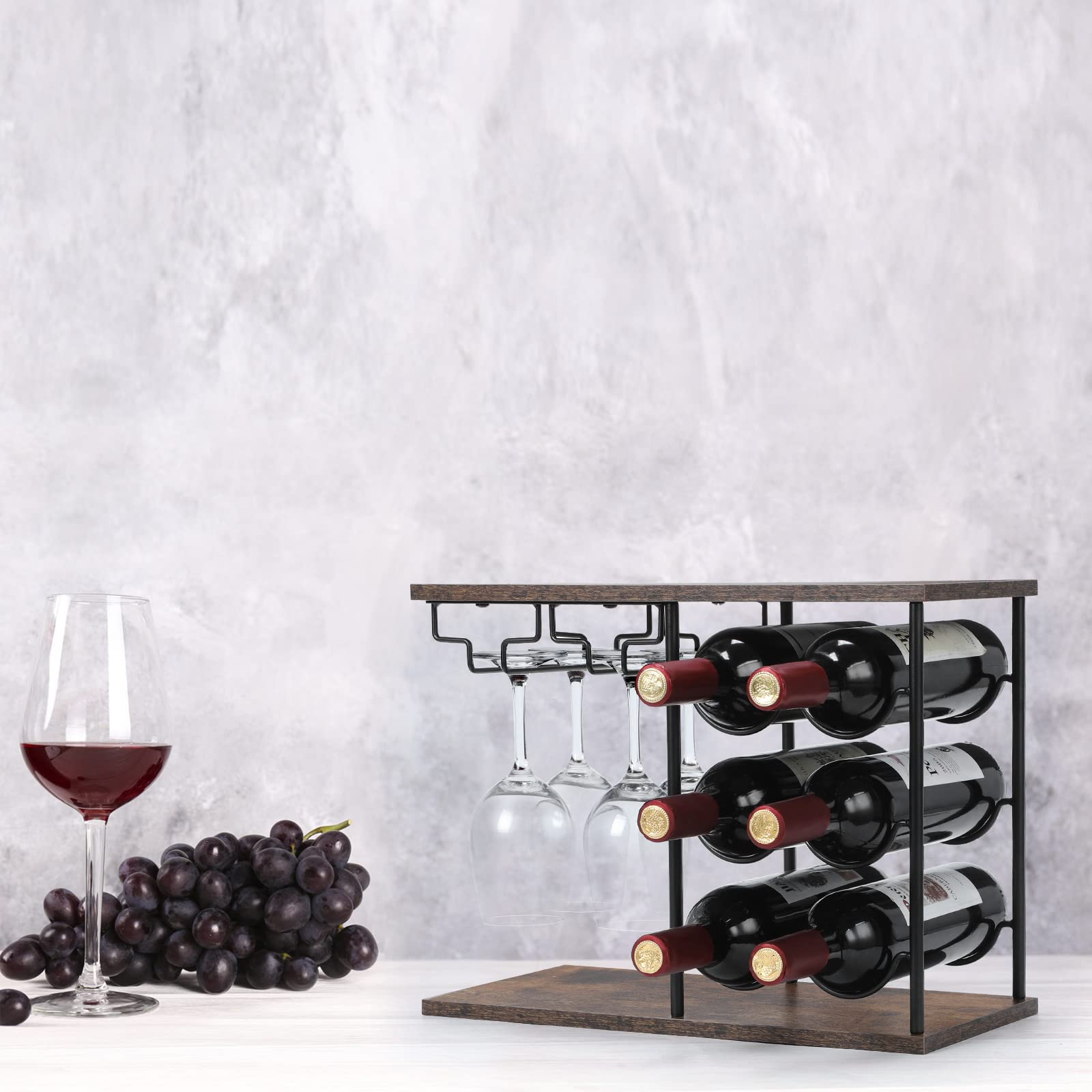 Estante de vino para encimera, estante independiente para botellas de vino con soporte para vidrio, soporte de vino de madera con bandeja para el hogar, bar, mesa de cocina, con capacidad para 3