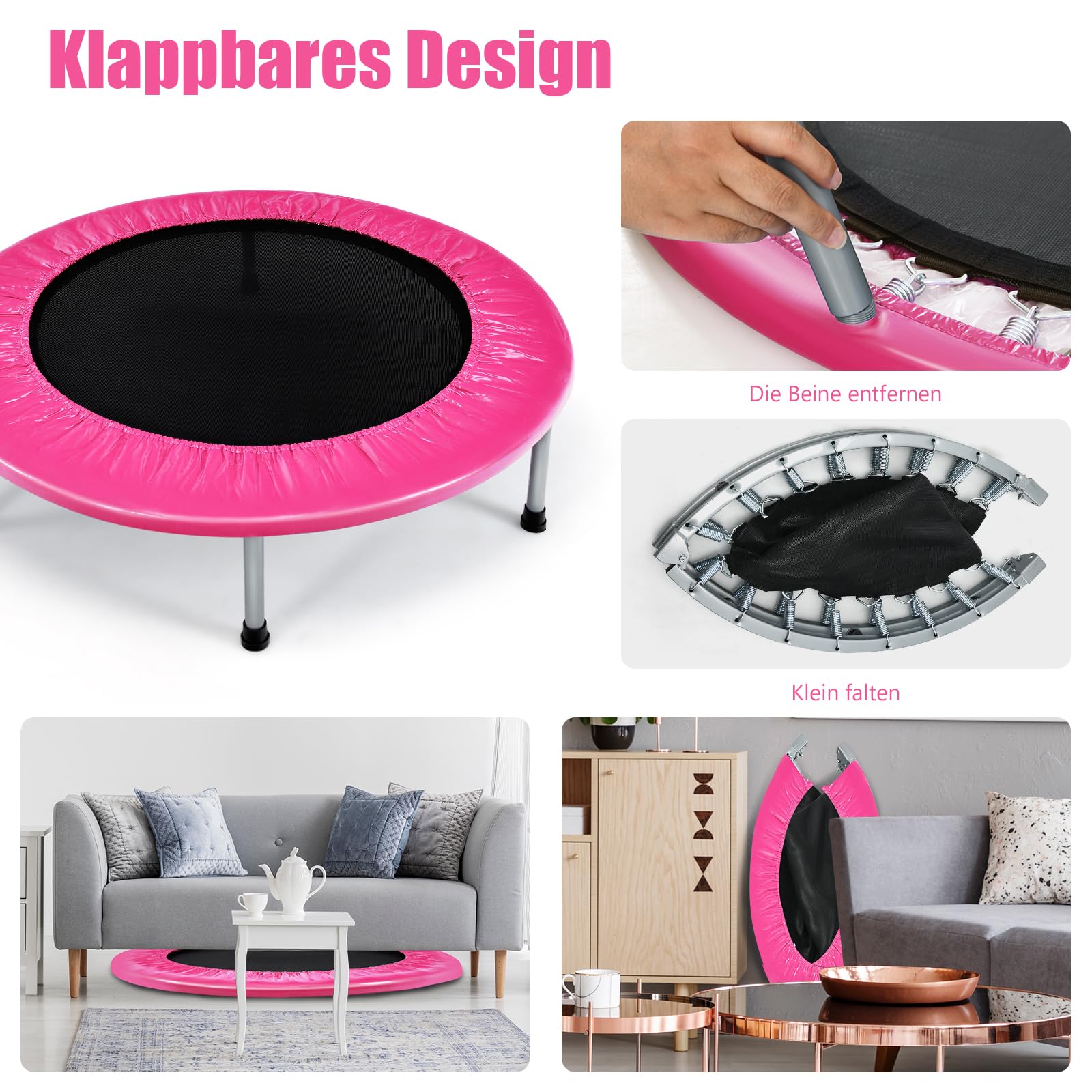 GOPLUS Składana trampolina dla dzieci, ze stali, udźwig do 150 kg, składana trampolina z antypoślizgowymi nóżkami, do fitnessu, utraty wagi, do użytku wewnątrz (różowa)