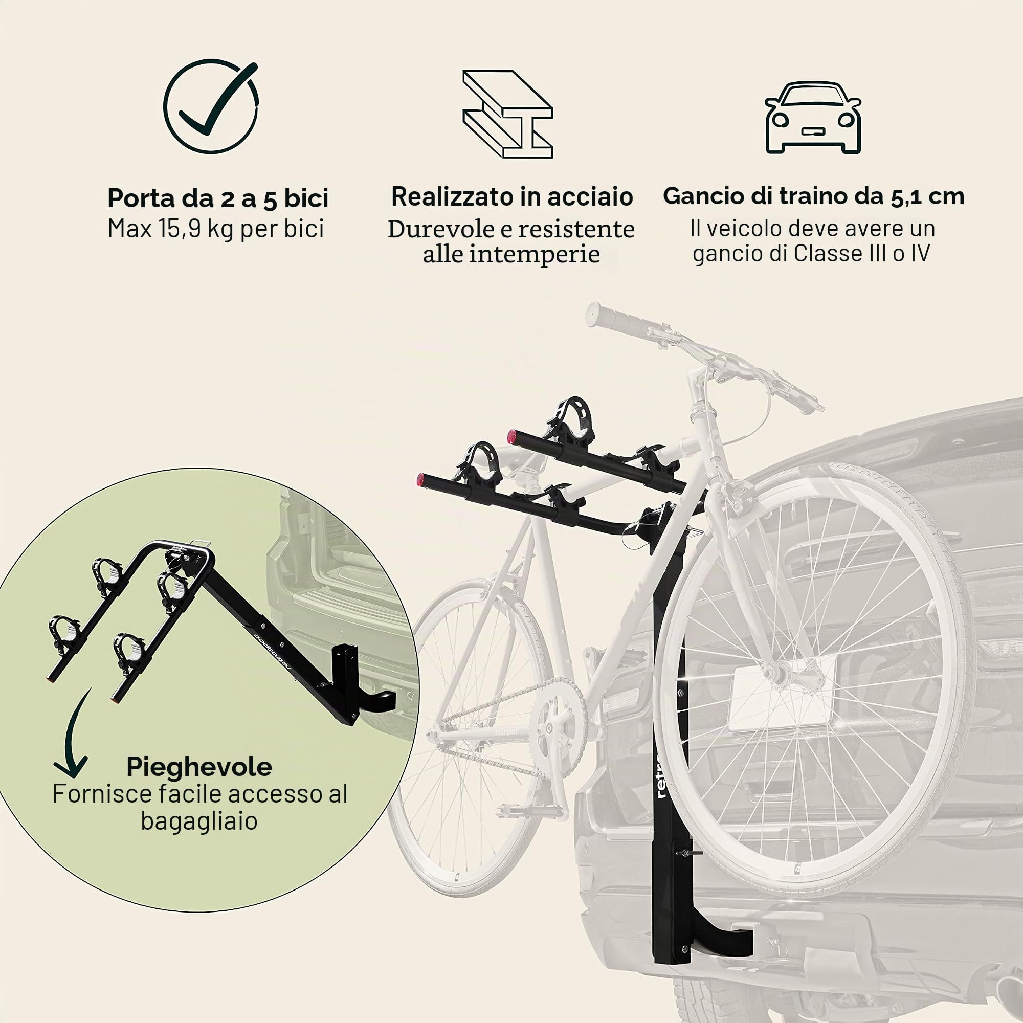 Retrospec Lenox 2-5 - Portabici per auto, con attacco traino da 2”, struttura pieghevole in acciaio, adattatore anti-vibrazione, cinghie per il fissaggio, adatta alla maggior parte dei telai, nero