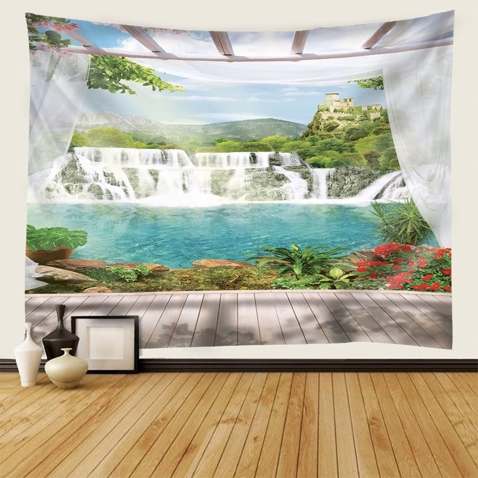 Aotiwe Wandteppich Aesthetic, Wandvorhang Groß Hofberge und Wasserfall Grün Weiß Braun Wandvorhang Boho 260x240cm