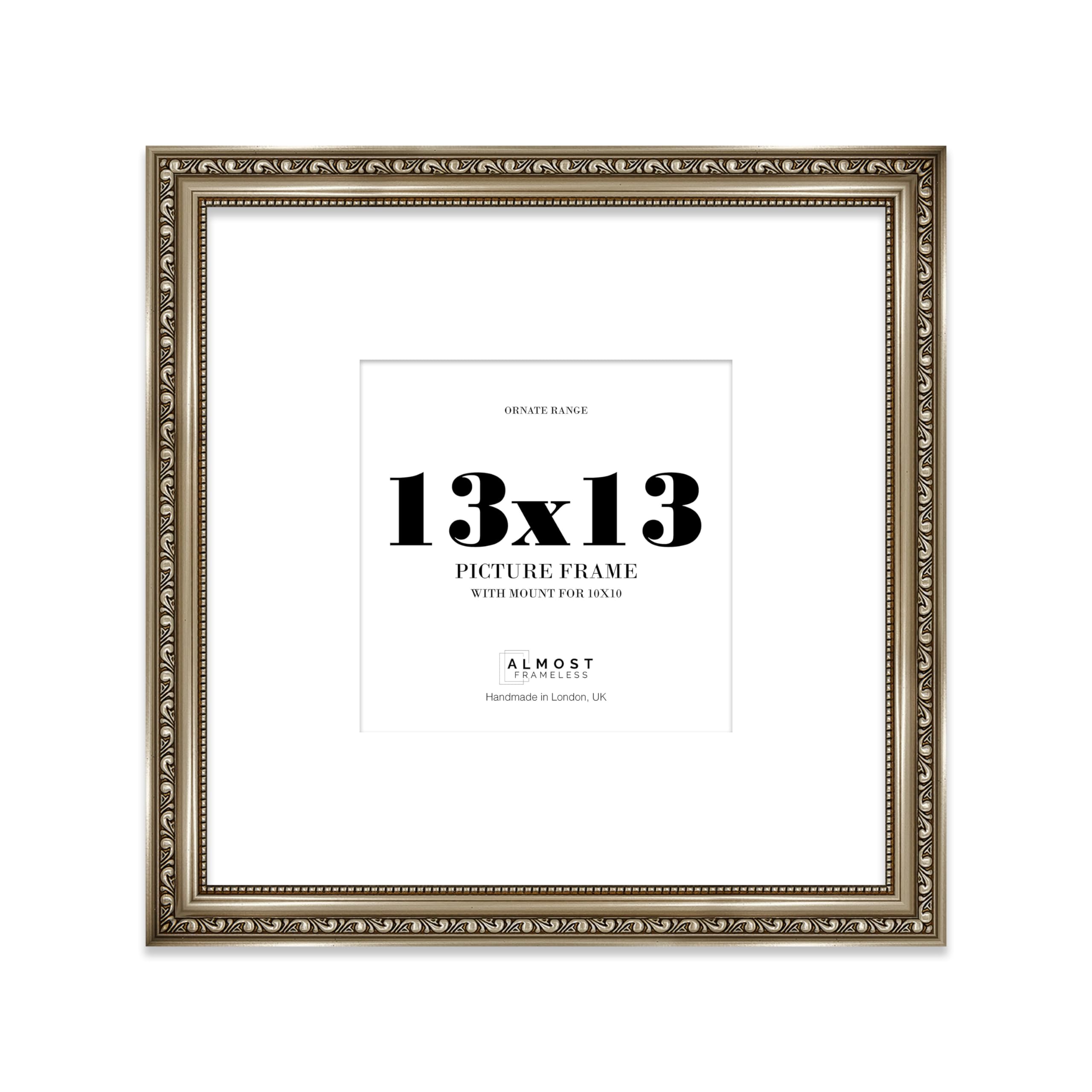 13x13 Gunmetal Ornate Photo Frame With White Mat For 10x10 Picture, Ready to Hang or Stand, 1 Pack
