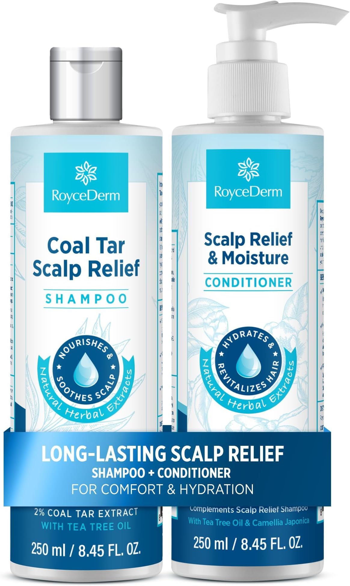 Roycederm Coal Tar Antidandruff Shampoo & Conditioner Set: 2% Coal Tar Extract Scalp Relief Shampoo for Psoriasis, Dandruff & Seborrheic Dermatitis - Soothes Itchy Scalp, Hydrates Hair