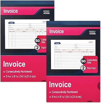 2 Pack Invoice Books, 2-Part Carbonless Receipt Books | 50 Sets Per Book, 5-9/16" x 8-7/16" 2-Part Carbonless Invoice Receipt Book for Small Business Sales Records