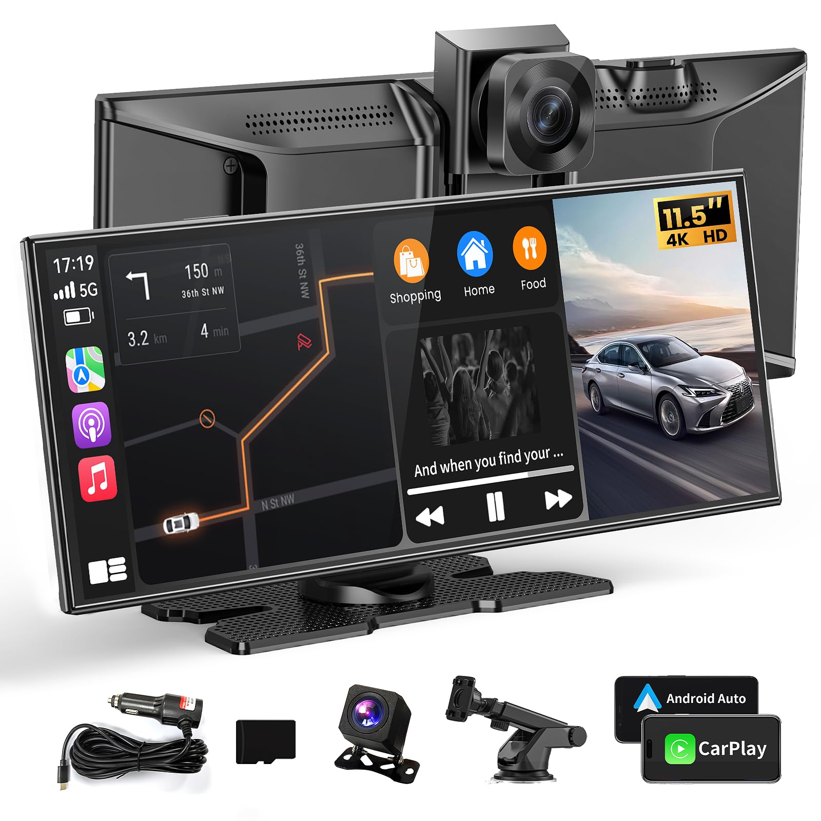 Largest 11.5" Portable Carplay Screen for Car, 4K Wireless Car Play & Android Auto, Upgrade Touchscreen with Dash Cam, App Control/Loop Recording/Backup Camera/Mirror Link/GPS/FM for All Vehicles
