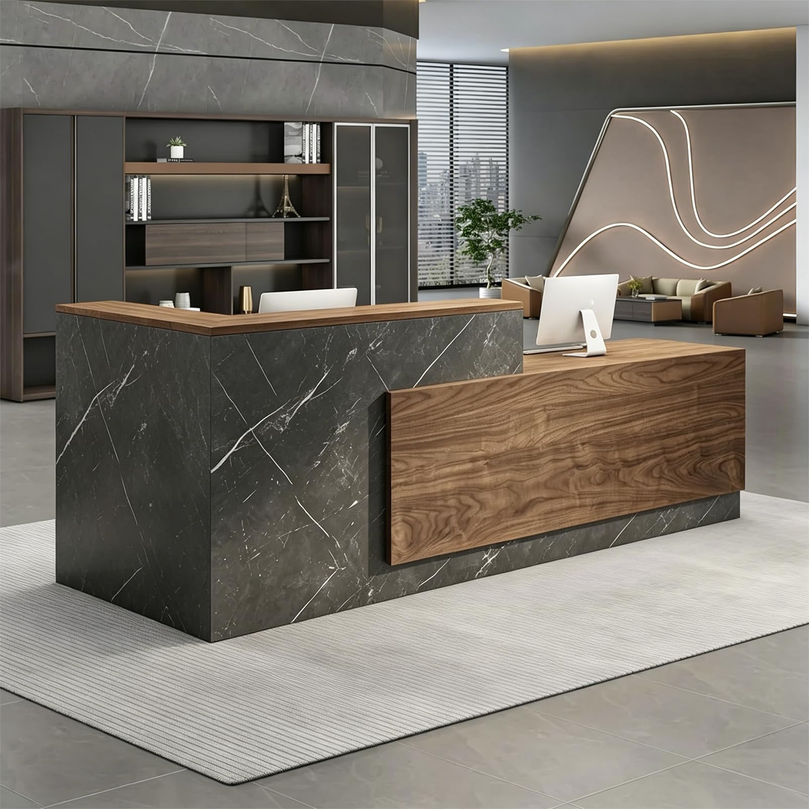 Moderne Empfangstheke L-Form Holz 220CM Empfangstresen mit Stauraum für Büros Rezeption Hotels (rechts hoch-C)