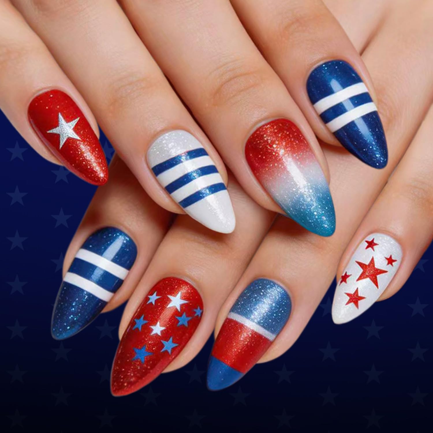 French Press on Nails - Medium Almond Blue White Stars