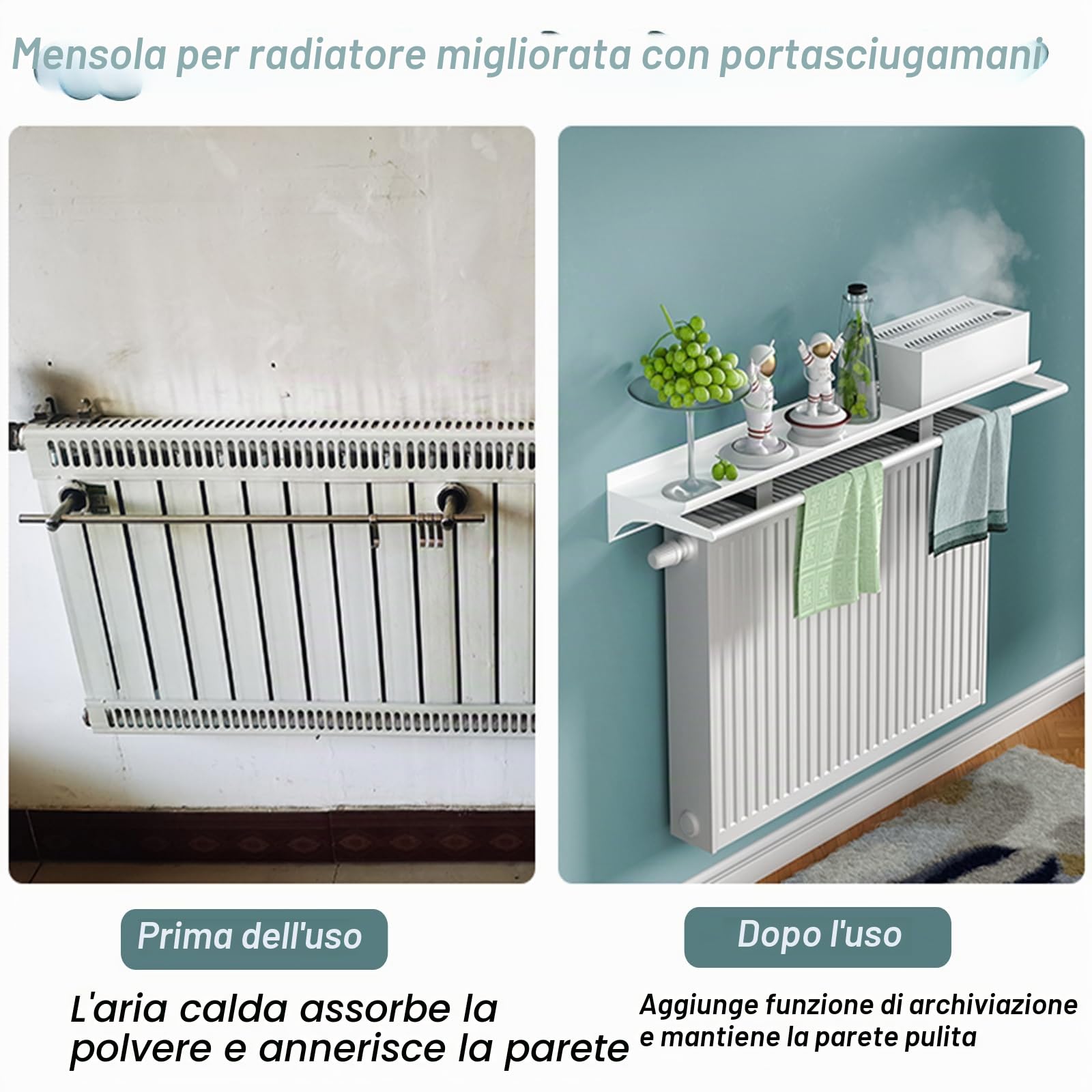 Copritermosifone Migliorata Bianca con Asta Portasciugamani, Mensola sopra Termosifone Senza Foratura Profondo 14cm, Copricalorifero in Lega di Alluminio con Staffa Facile da Montare,L 60cm/23.7in