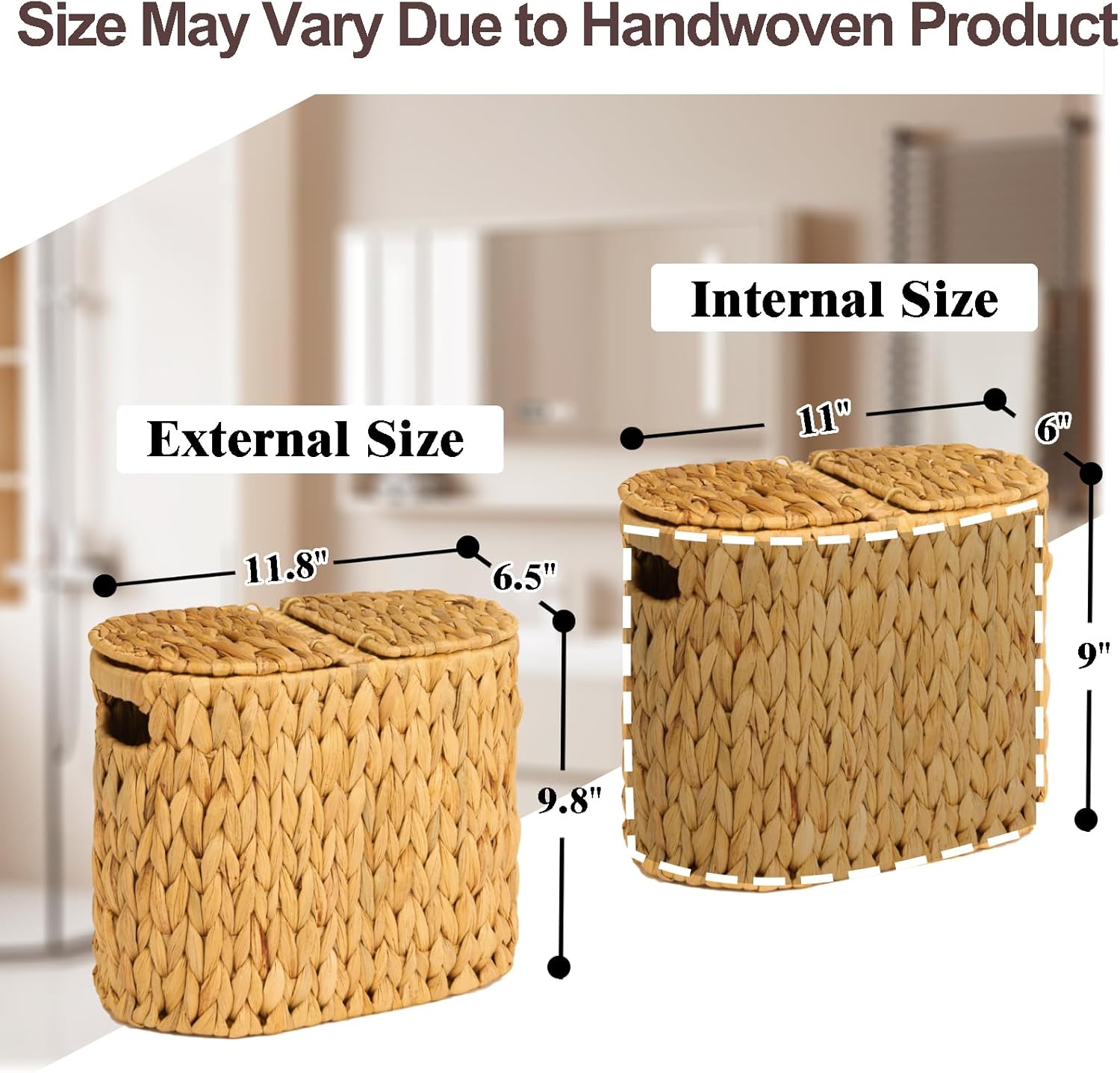 FairyHaus Wicker Toilet Paper Storage Basket with Lid & Handles, 4 Rolls Handwoven Toilet Paper Holder with Storage, Natural Water Hyacinth Toilet Paper Holder Stand Basket for Bathroom