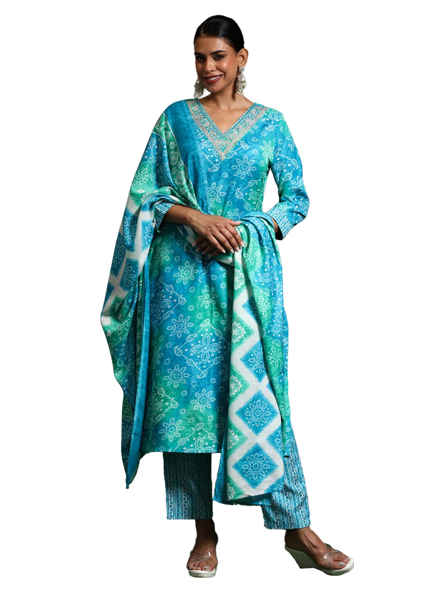 Varanga Women Floral Printed V Neck Kurta With Trouser & Dupatta Blue
