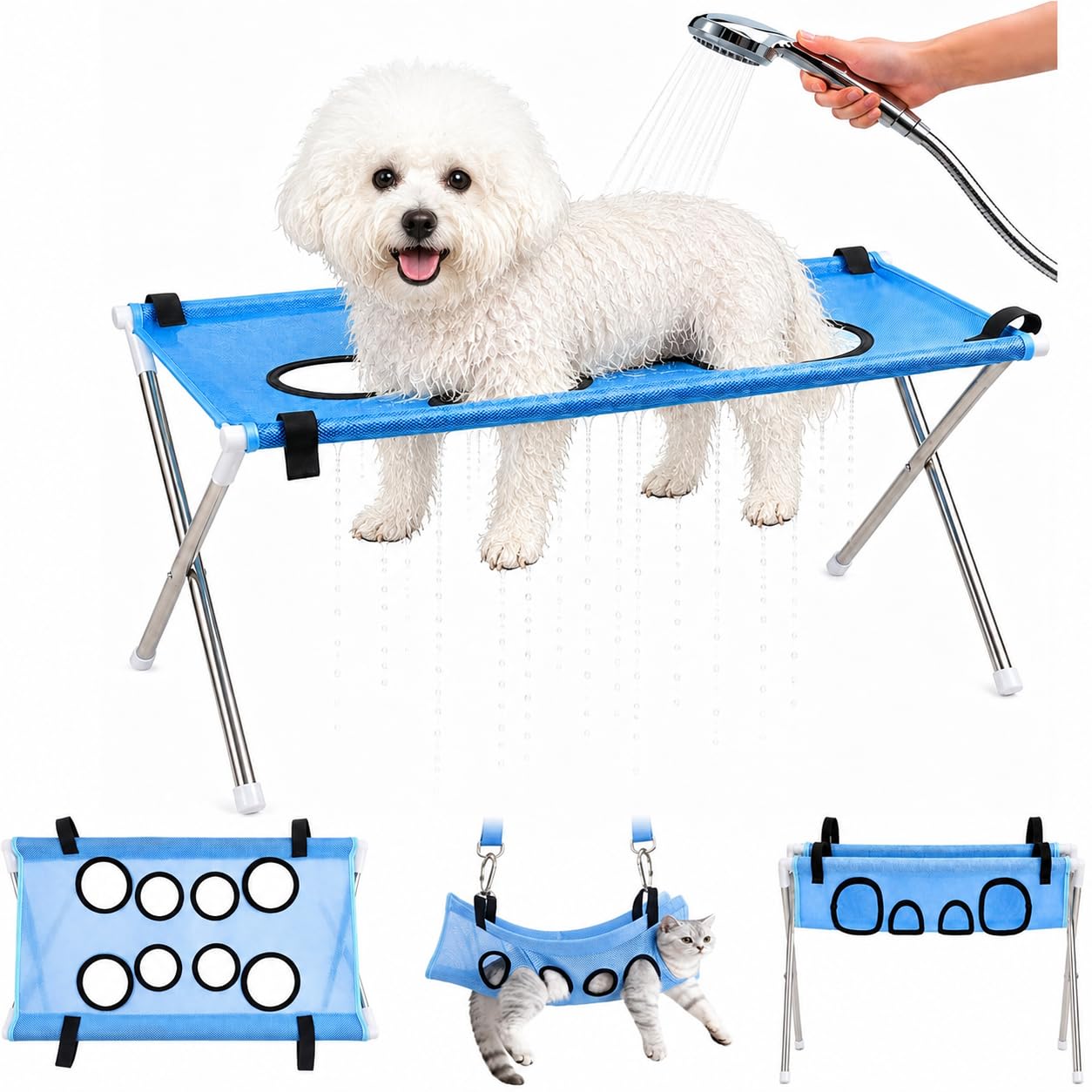 Dog Grooming Hammock Stand, Foldable Pet Bath Holder Sling Shower Chair, Heavy-Duty Pet Bath Stool for Small & Medium Dogs, Home Salon Grooming, Washable Mesh, Joint Support Restraint (Blue)