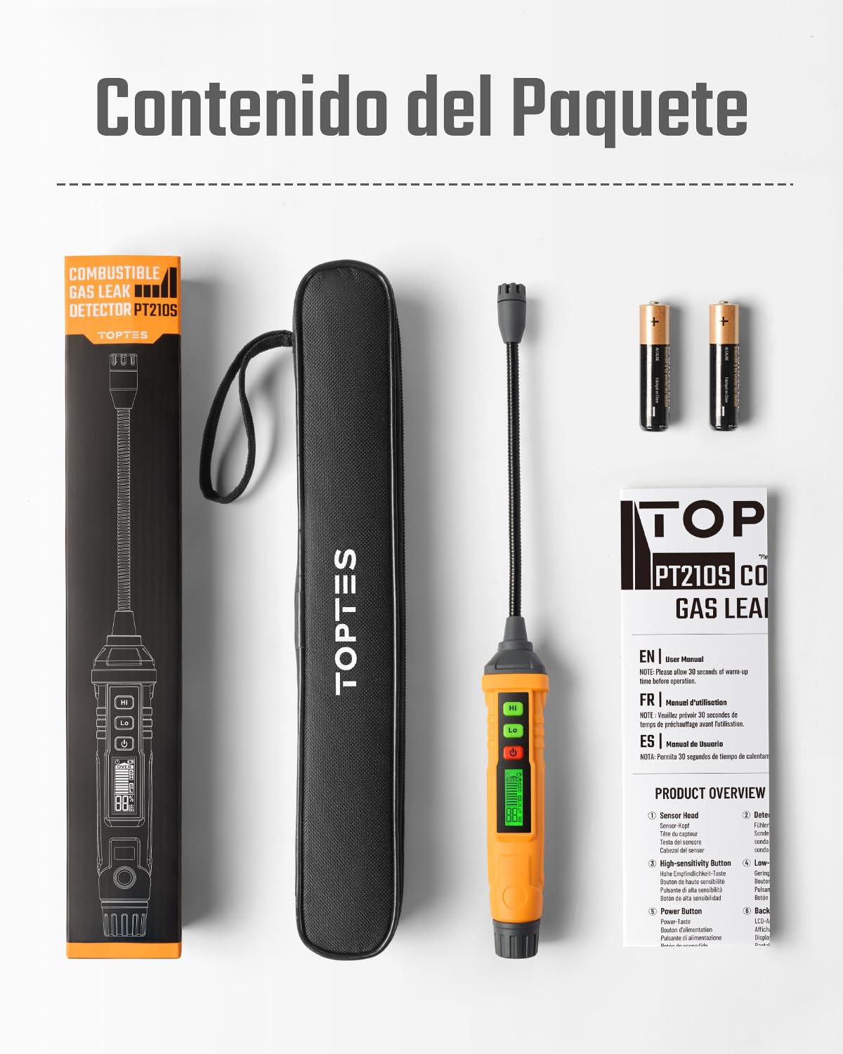 Detector de Gas Natural, TopTes PT210S Detector portátil de Fugas de Gas con sonda de 4 Pulgadas para localizar Gases combustibles como Gas Natural, midiendo%LEL (baterías Incluidas) - Naranja